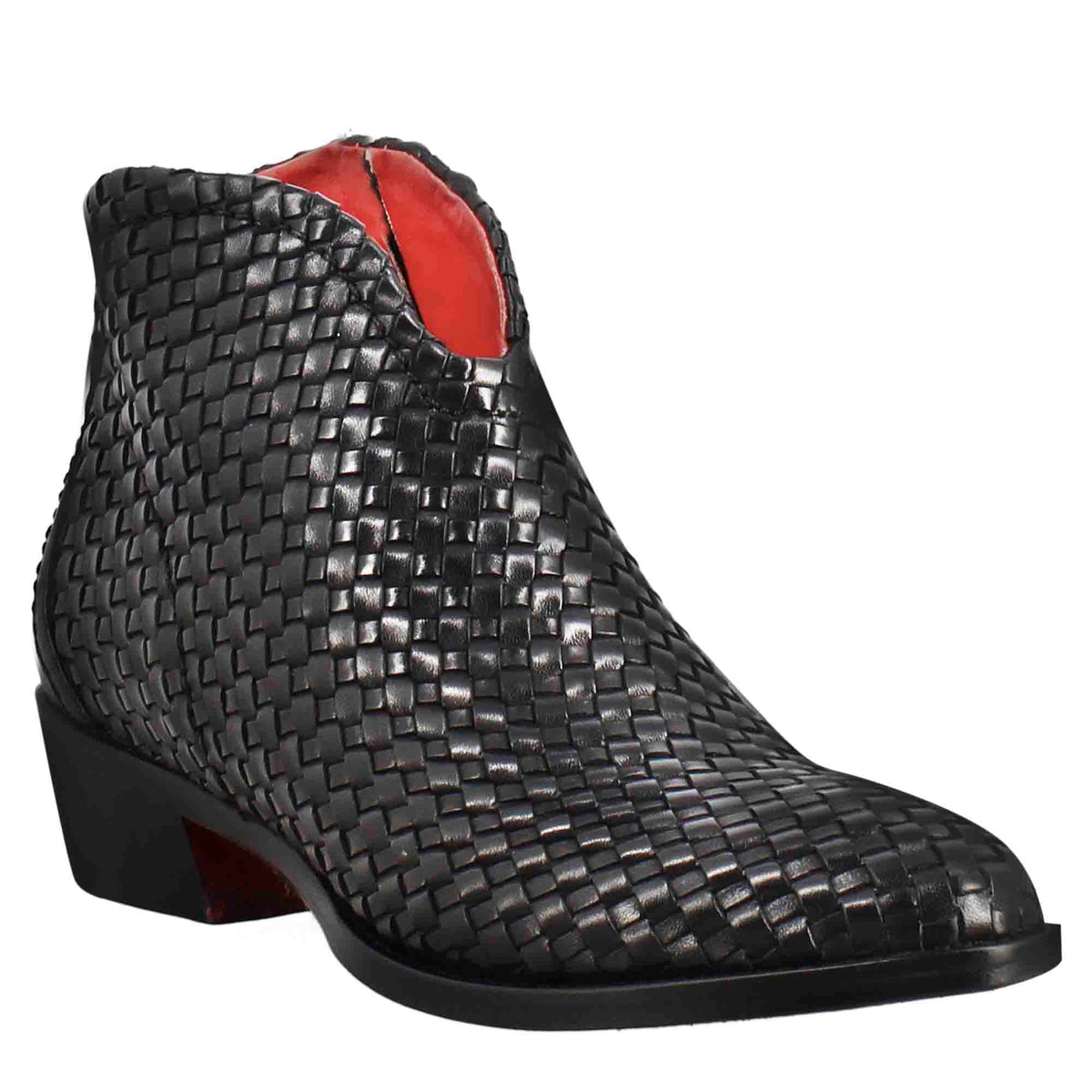 Women's ankle boot with medium heel in black woven leather