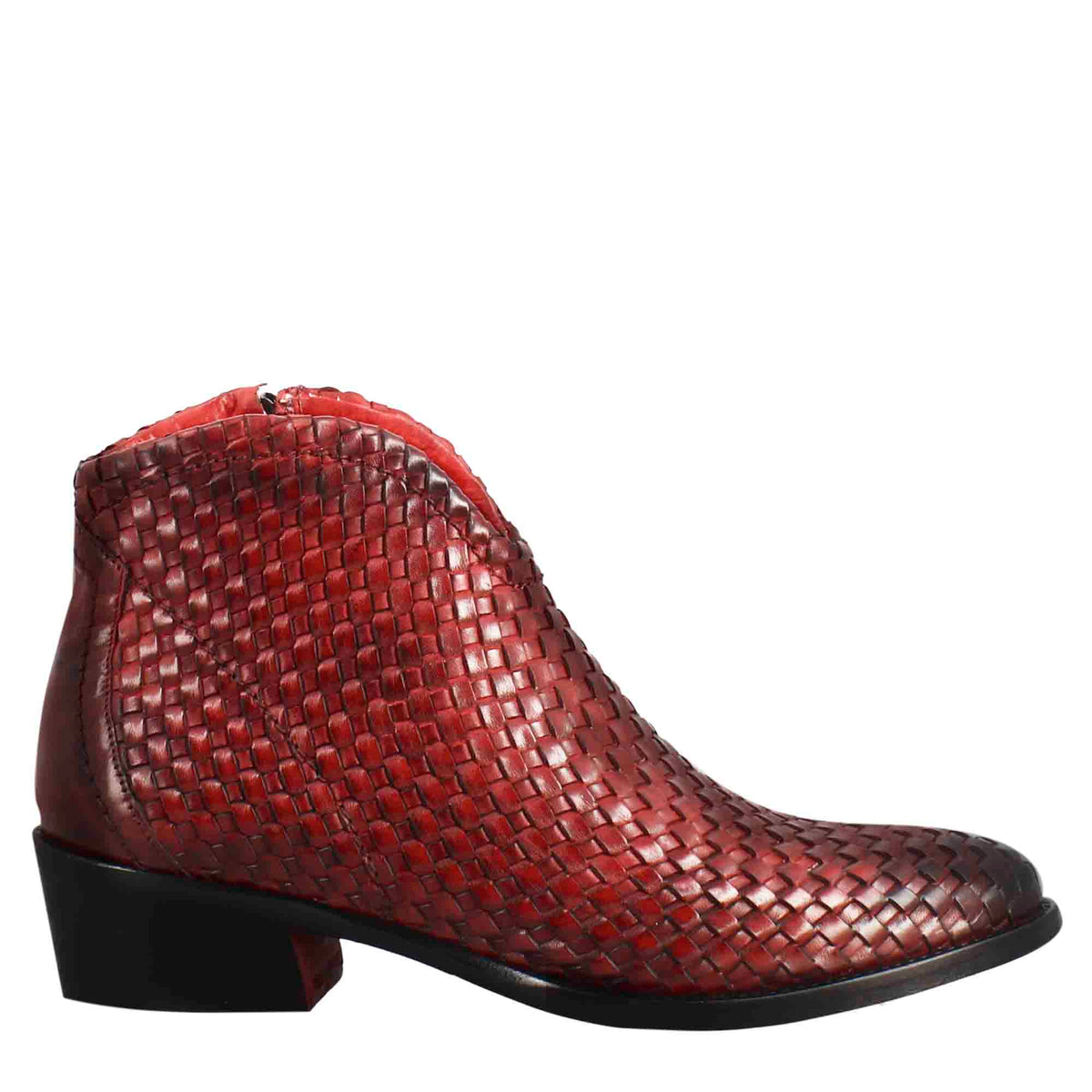 Women's ankle boot in woven leather with red medium heel