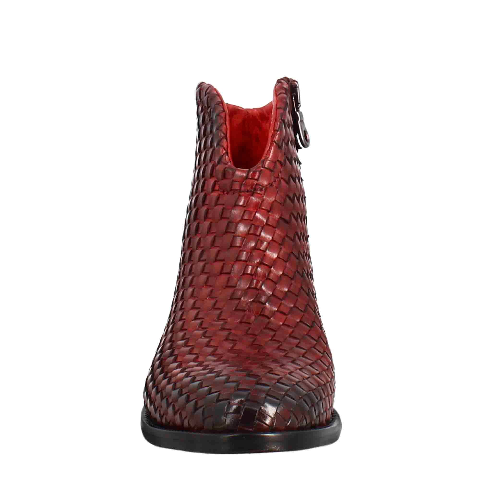 Women's ankle boot in woven leather with red medium heel
