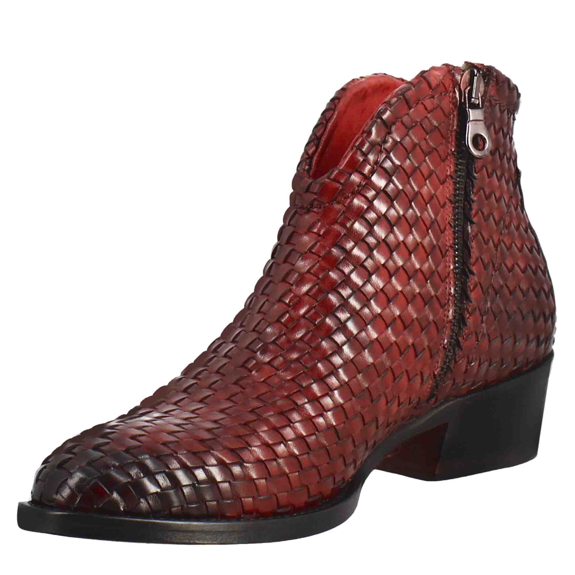 Women's ankle boot in woven leather with red medium heel