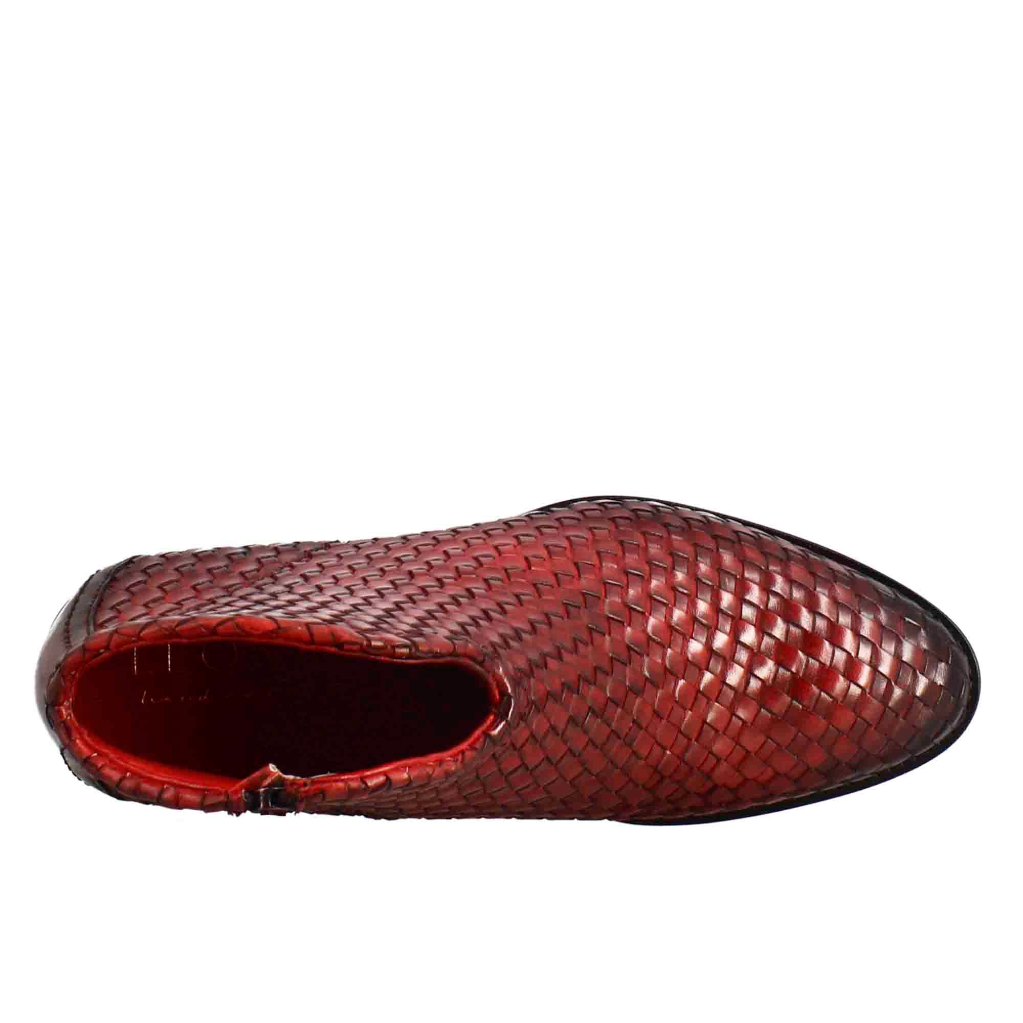 Women's ankle boot in woven leather with red medium heel
