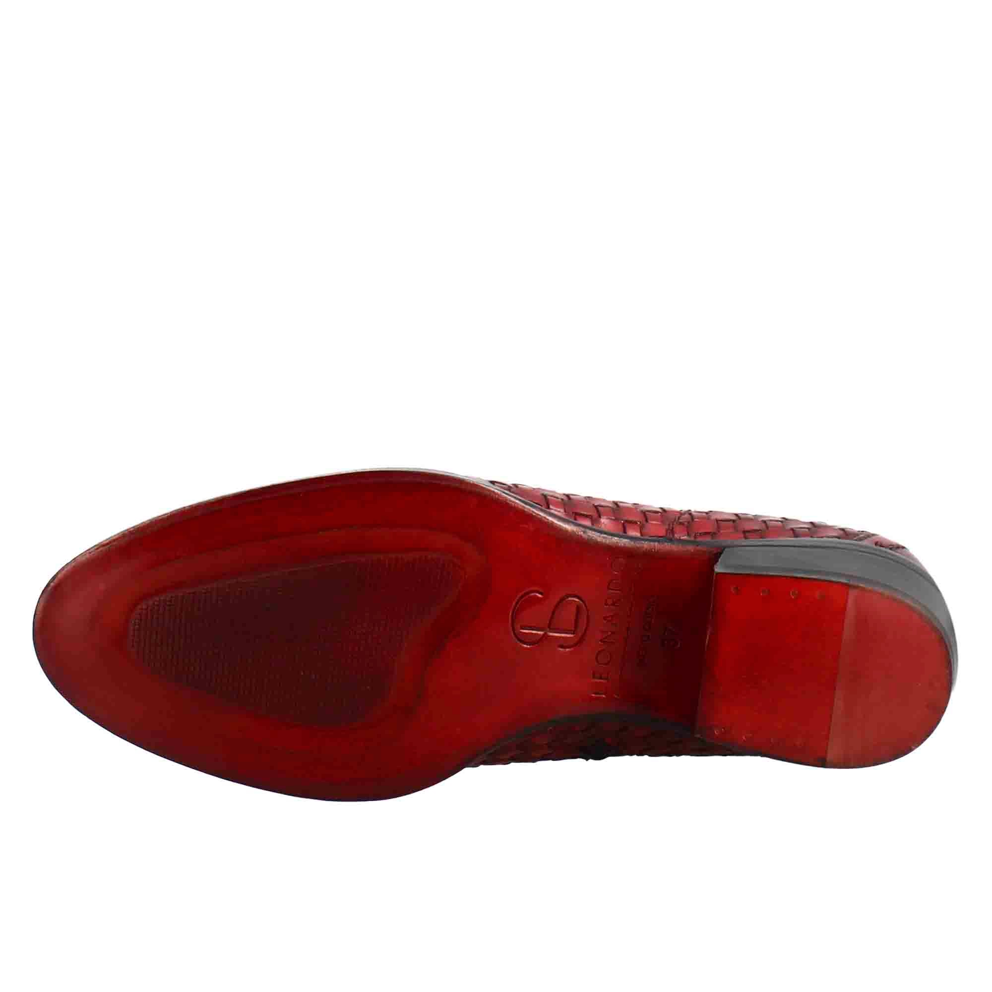 Women's ankle boot in woven leather with red medium heel