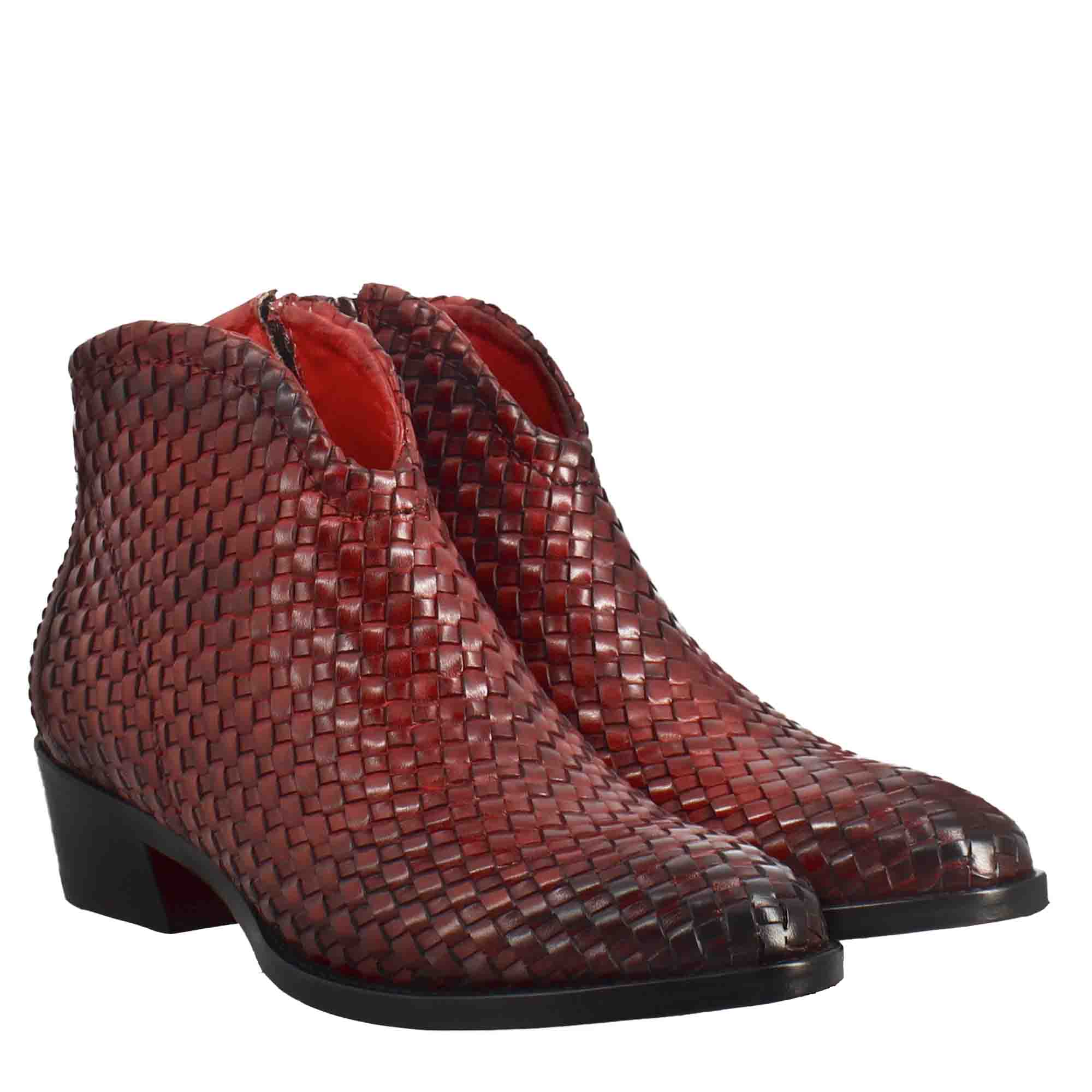 Women's ankle boot in woven leather with red medium heel