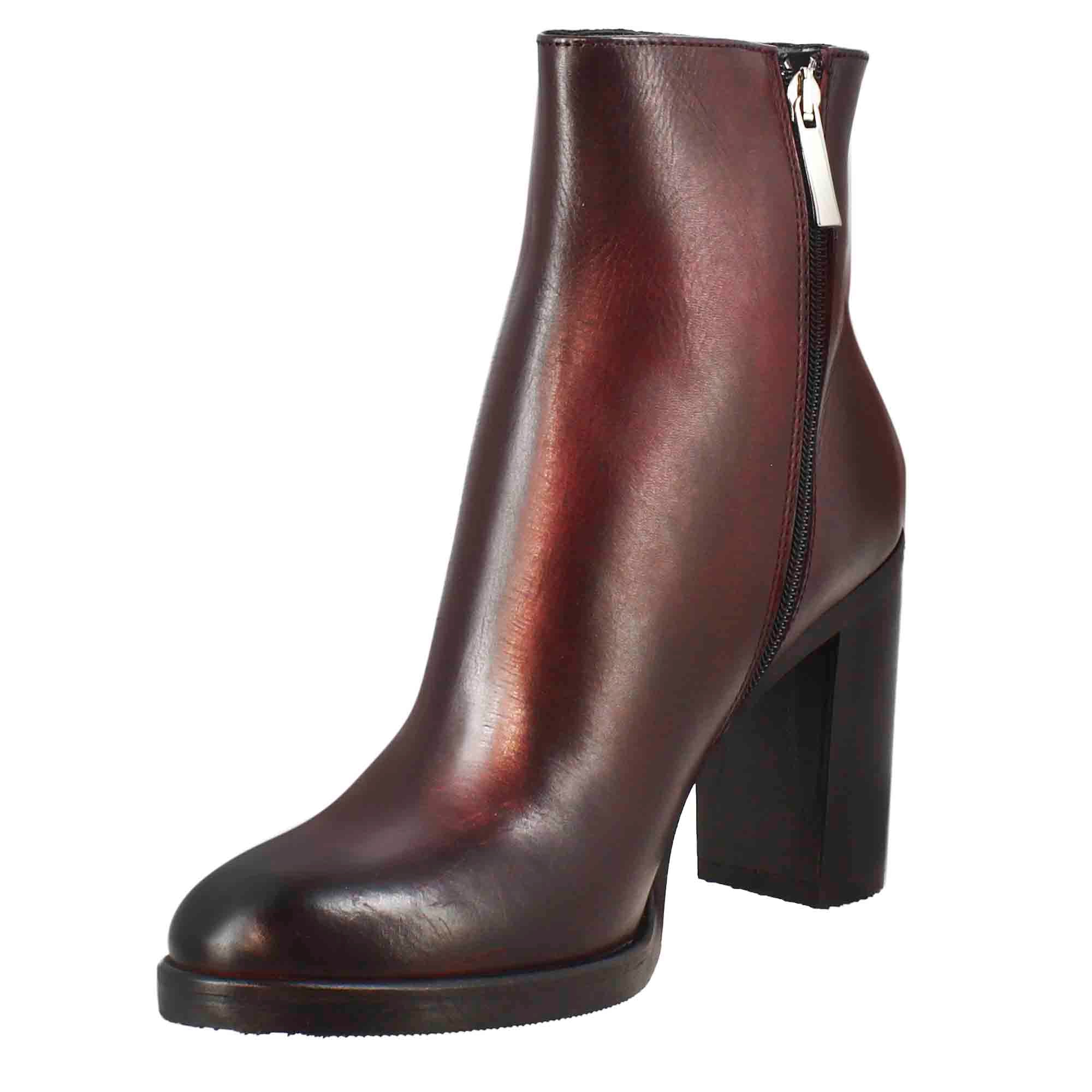 Bottine lisse à talon haut pour femme en cuir bordeaux