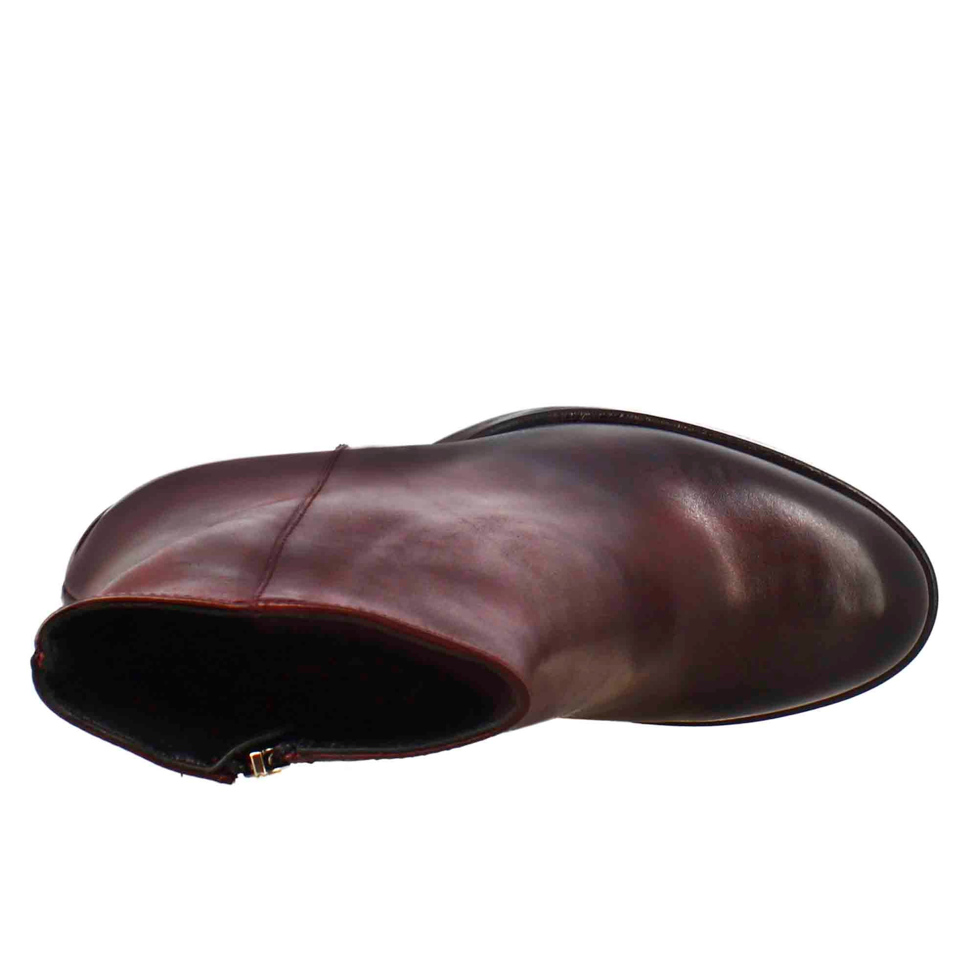 Bottine lisse à talon haut pour femme en cuir bordeaux