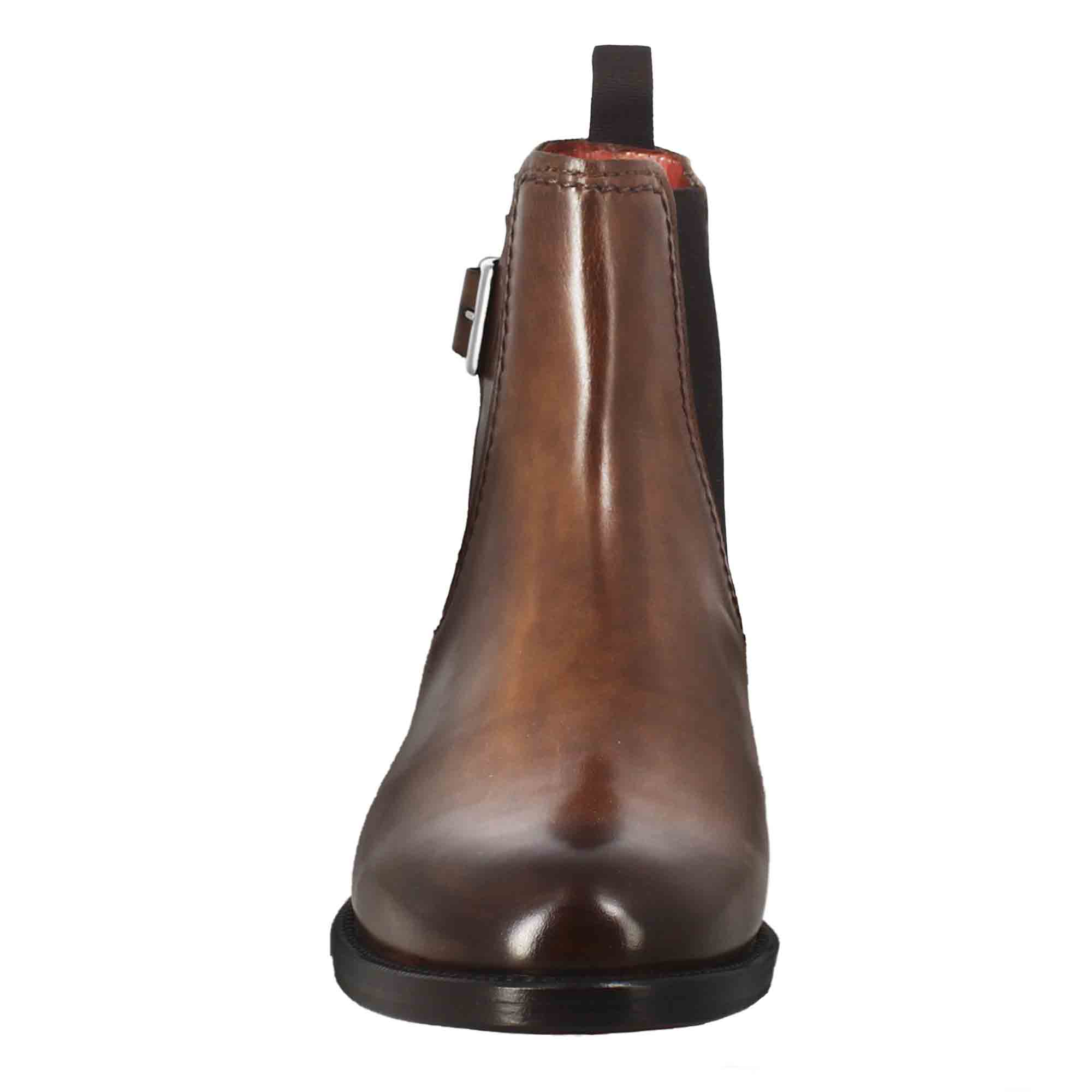 Bottines pour femmes en cuir lisse marron clair à petit talon avec boucle latérale