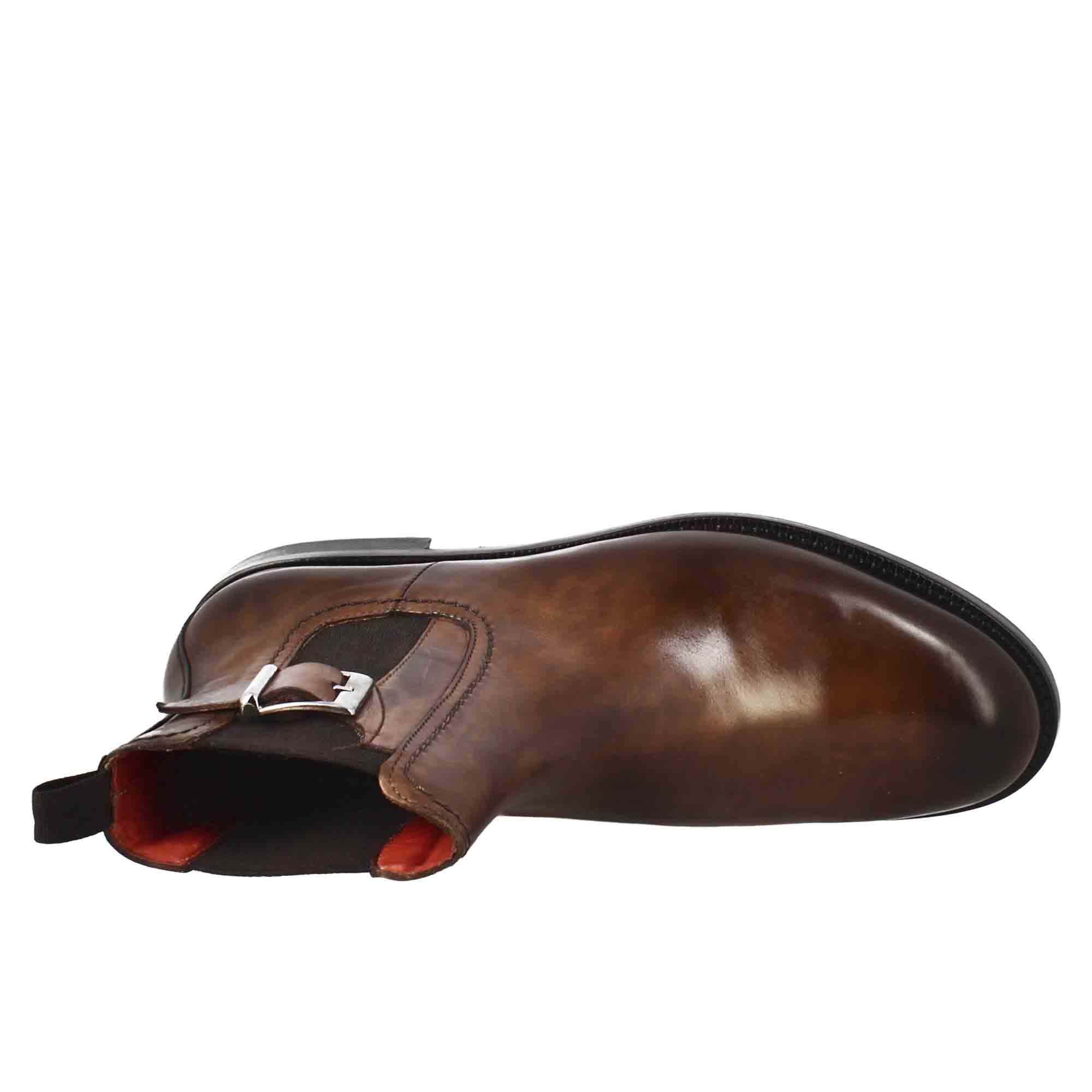 Bottines pour femmes en cuir lisse marron clair à petit talon avec boucle latérale