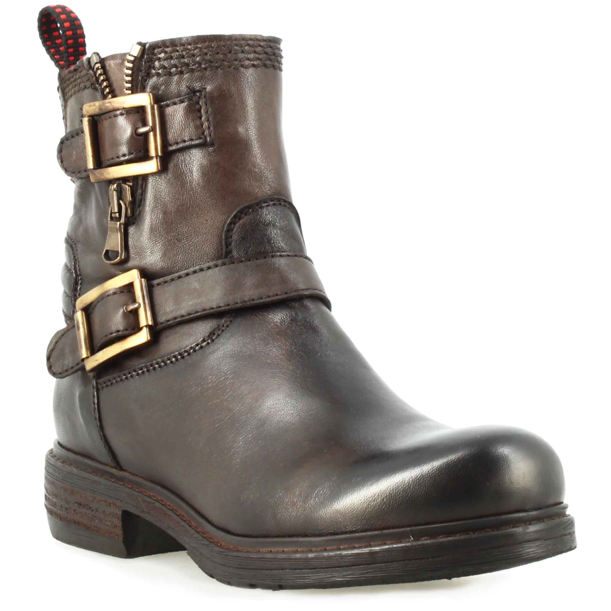 Bottine pour femme à double boucle en cuir véritable marron foncé