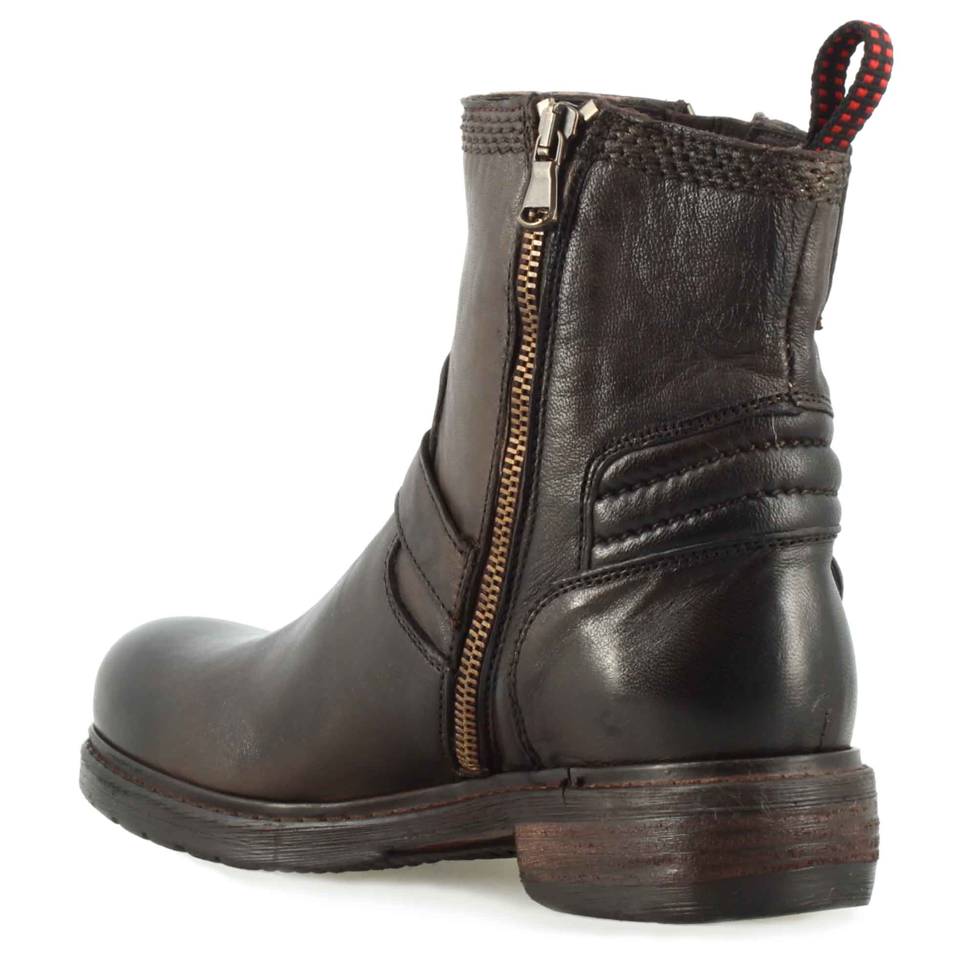 Bottine pour femme à double boucle en cuir véritable marron foncé
