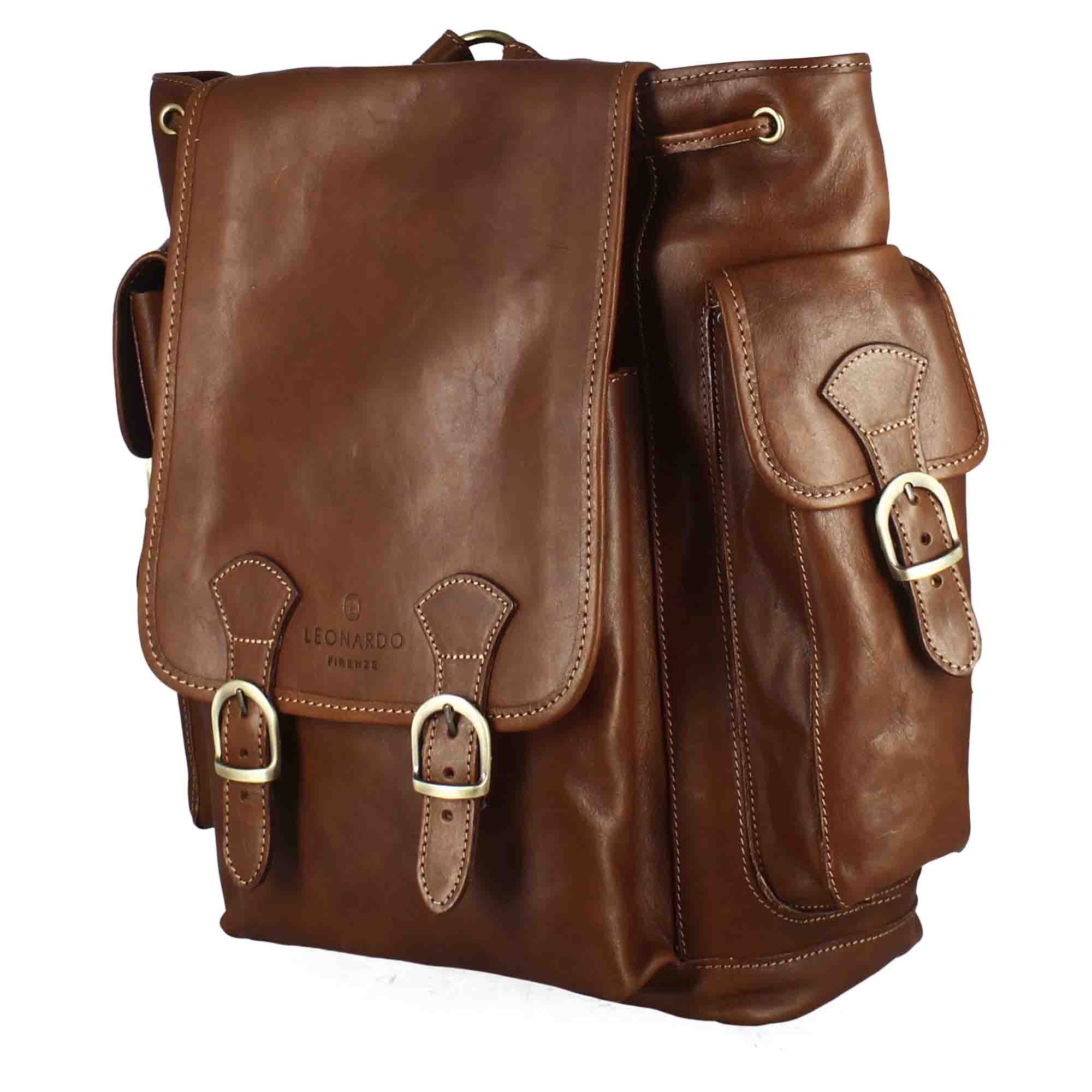 Men's full-grain leather multi-pocket backpack with buckle fastening brown colour
