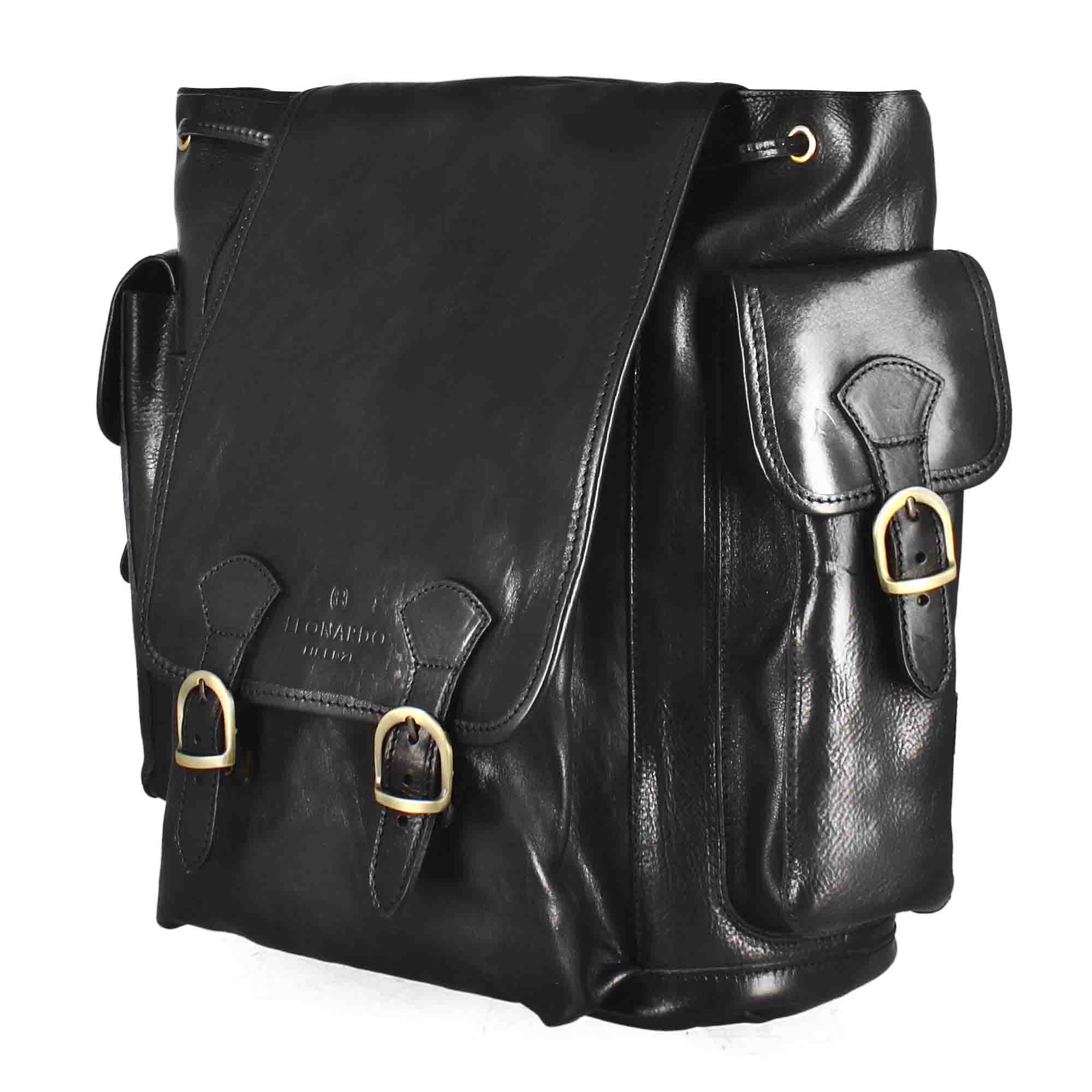 Sac à dos multi-poches pour homme en cuir pleine fleur avec fermeture à boucle noir