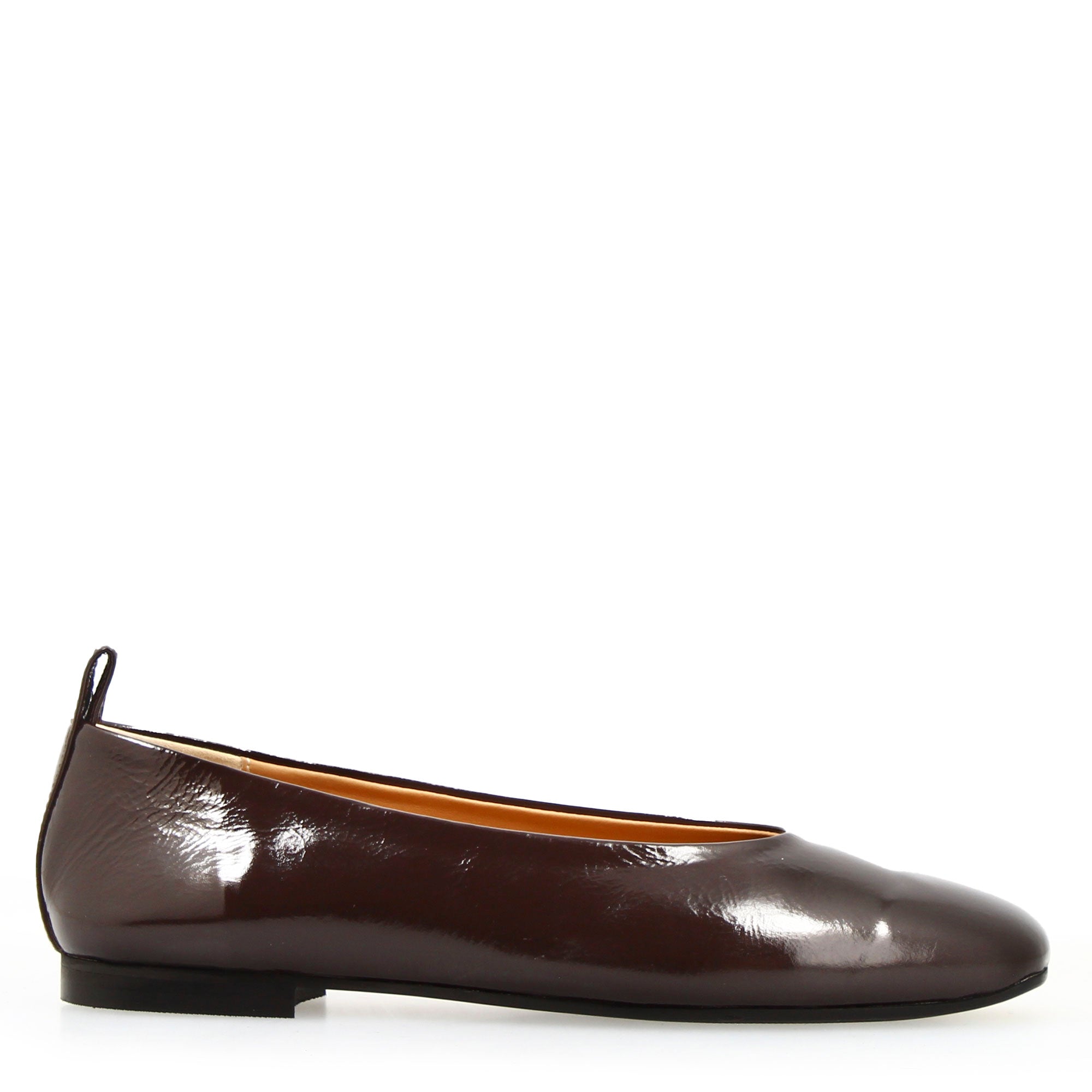 Women's handmade ballerina flat in dark brown shiny leather
