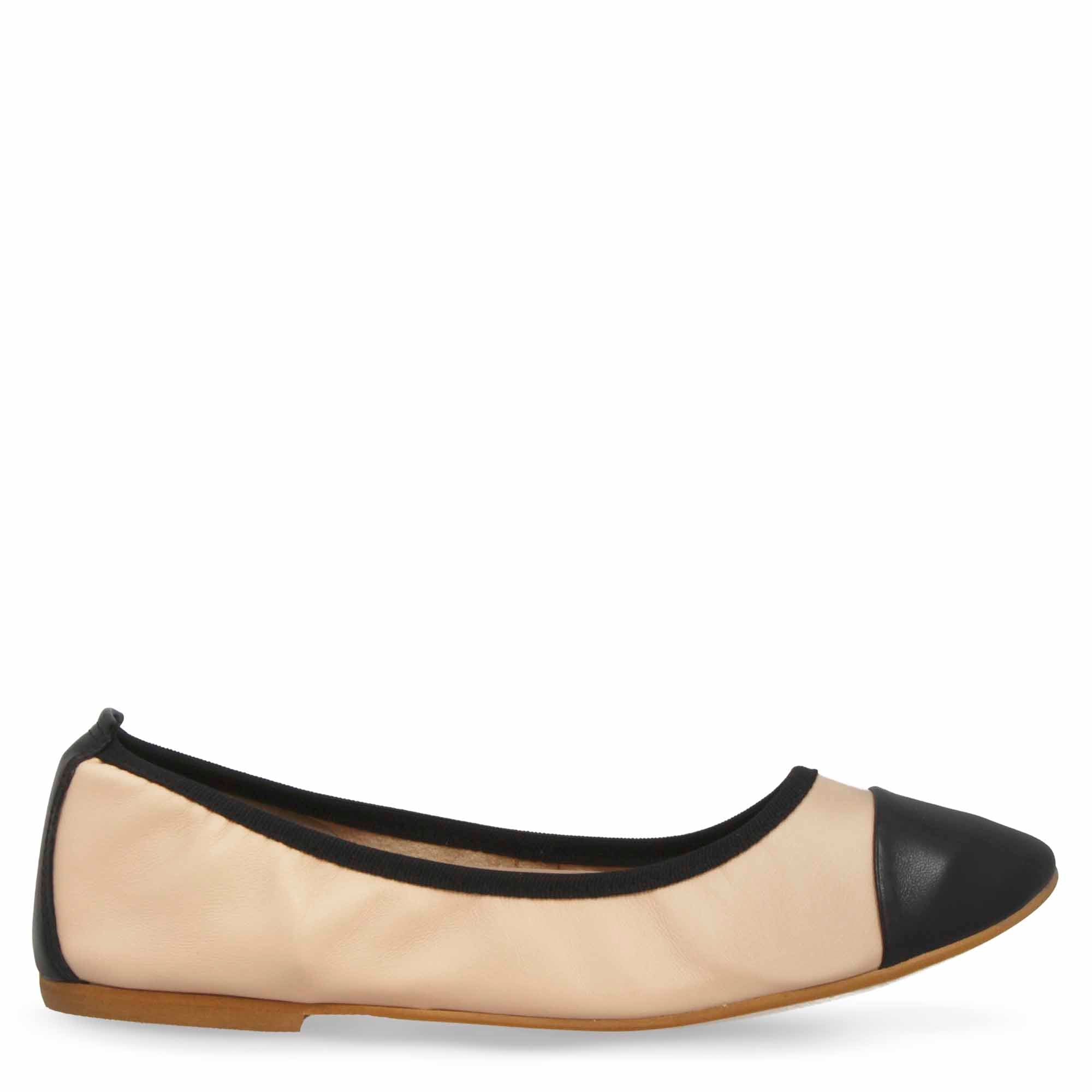 Ballerina artigianale tacco basso beige e nero