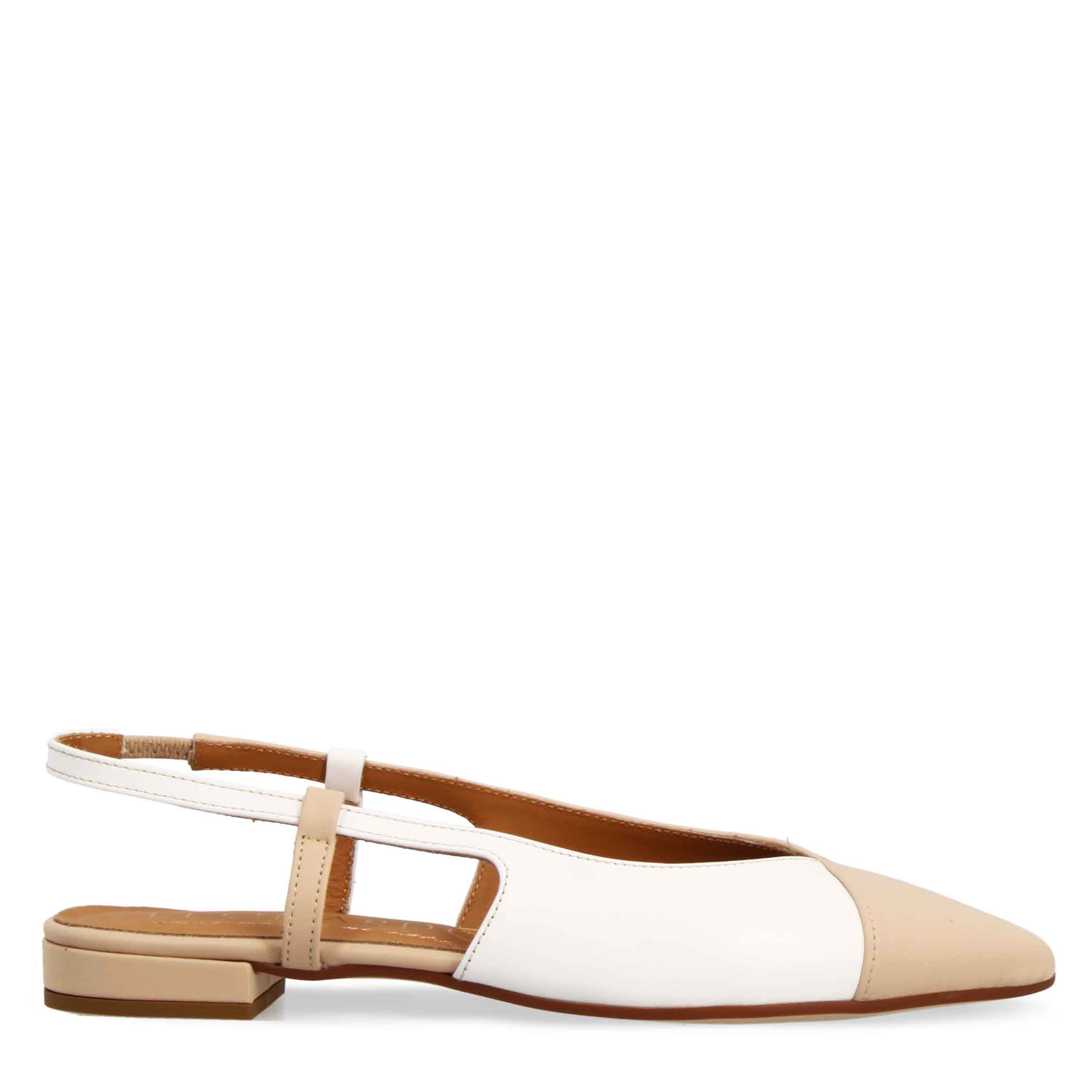 Women's Slingback Ballerina in White and Beige Leather