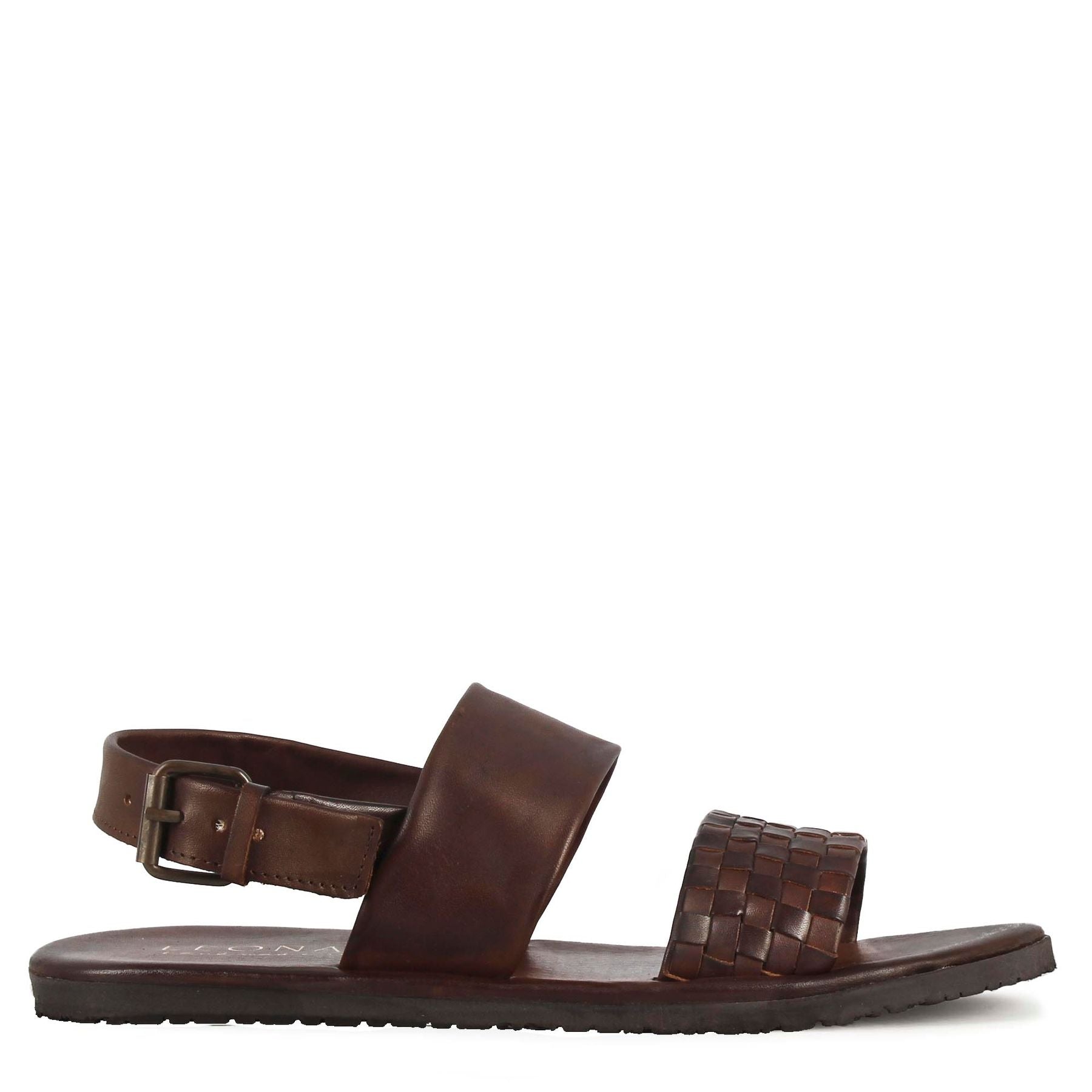 Sandale pour homme avec boucle en cuir semi-tressé marron