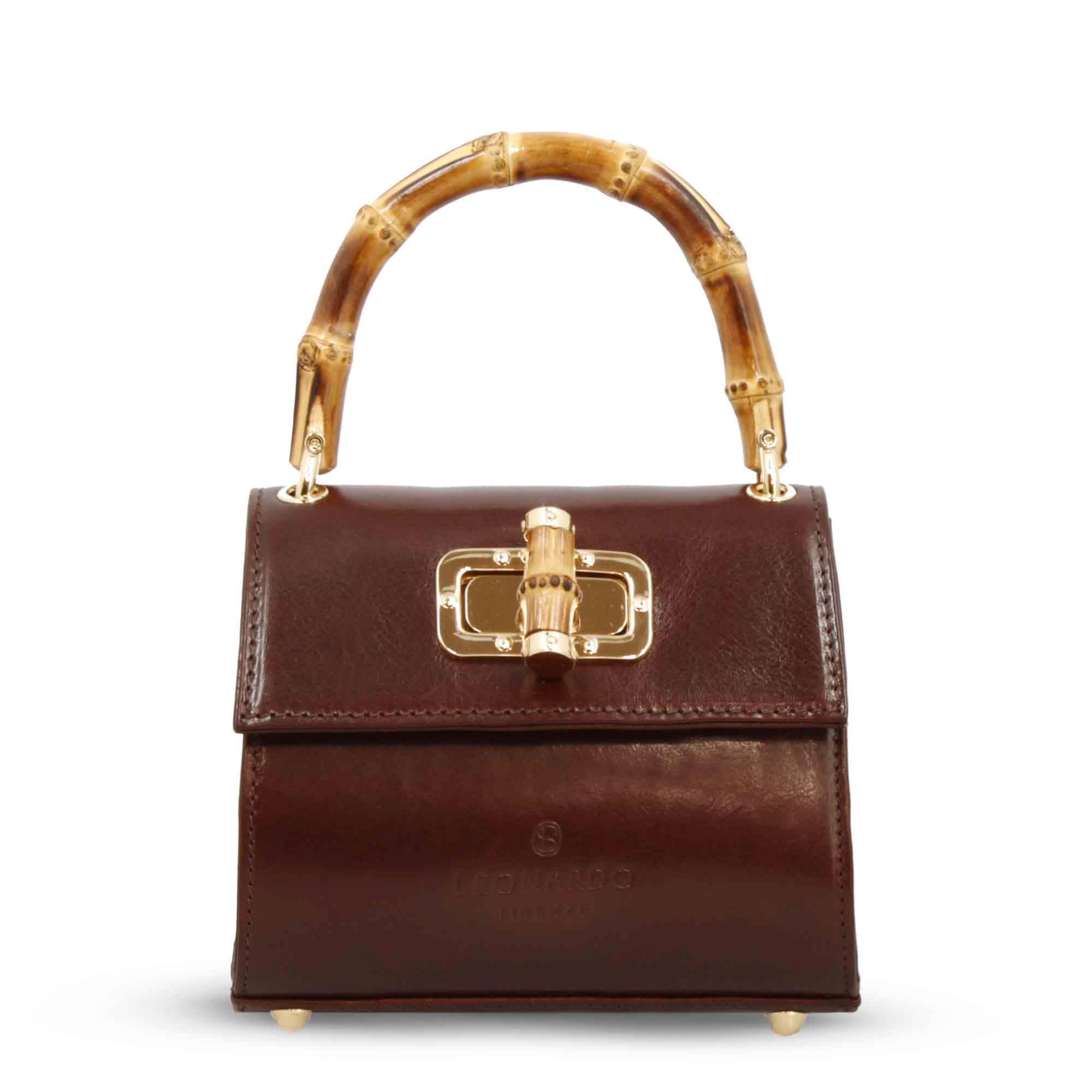 Borsa a mano artigianale da donna in pelle marrone scuro con manico bambù