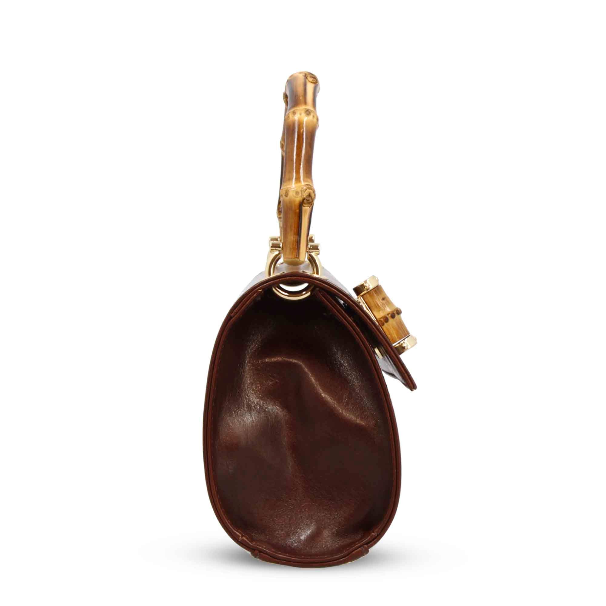 Borsa a mano artigianale da donna in pelle marrone scuro con manico bambù