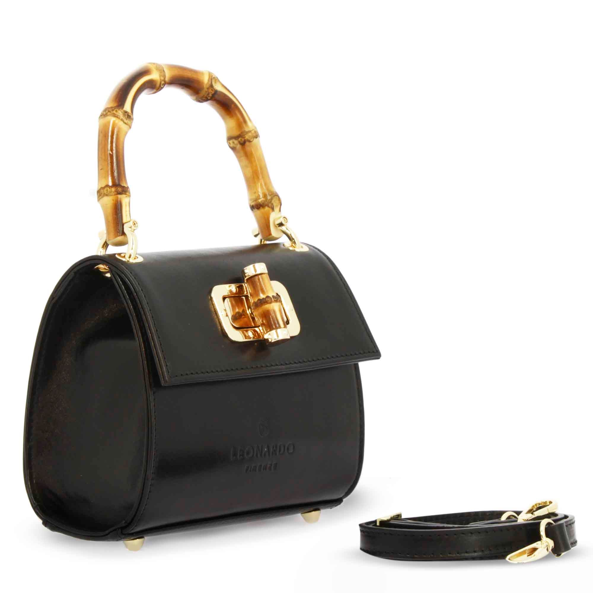 Borsa a mano artigianale da donna in pelle nera con manico bambù