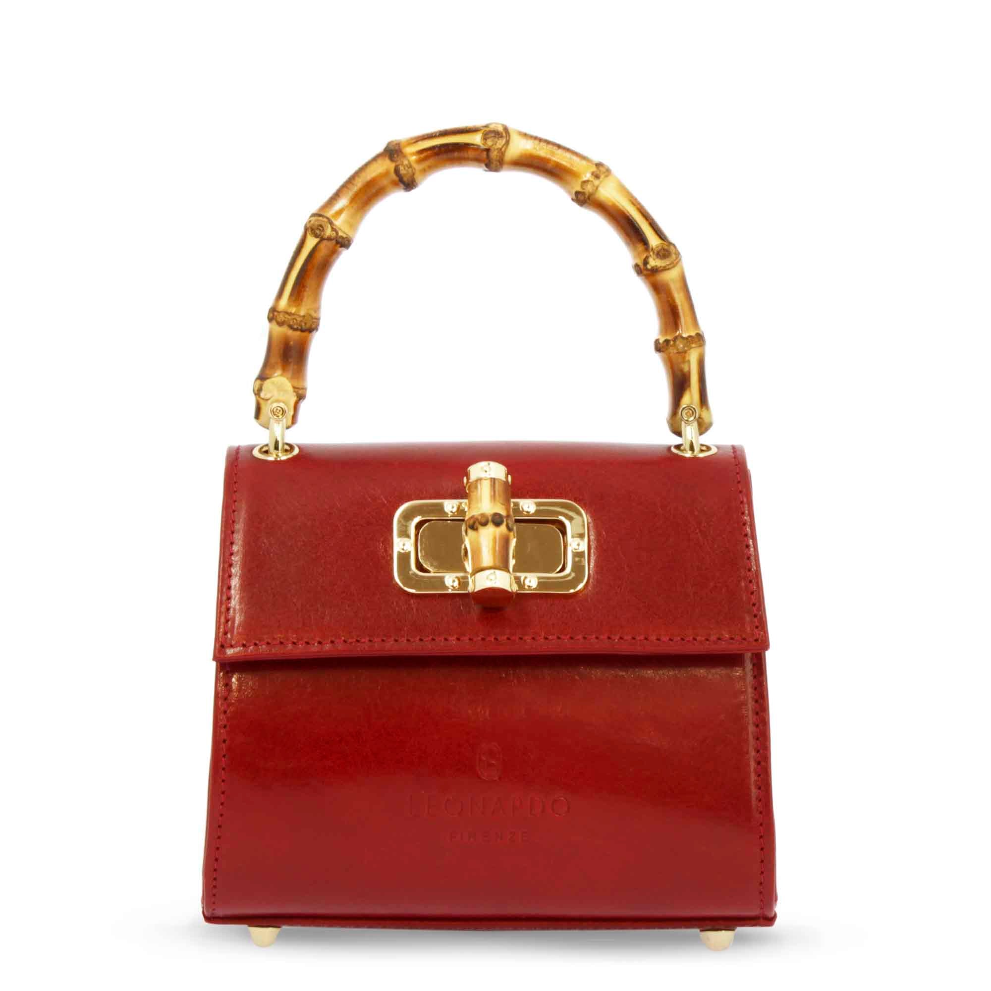 Borsa a mano artigianale da donna in pelle rossa con manico bambù