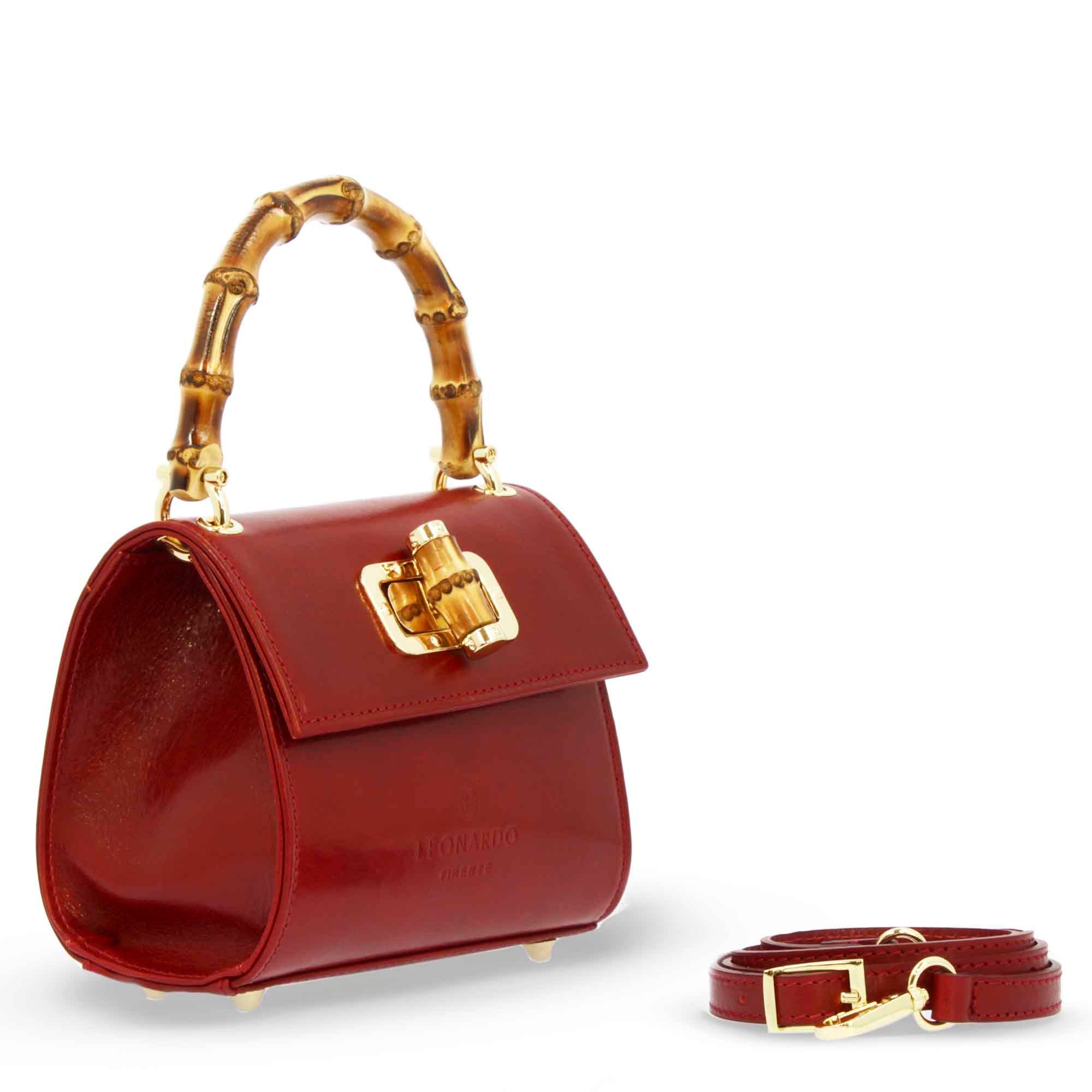 Borsa a mano artigianale da donna in pelle rossa con manico bambù