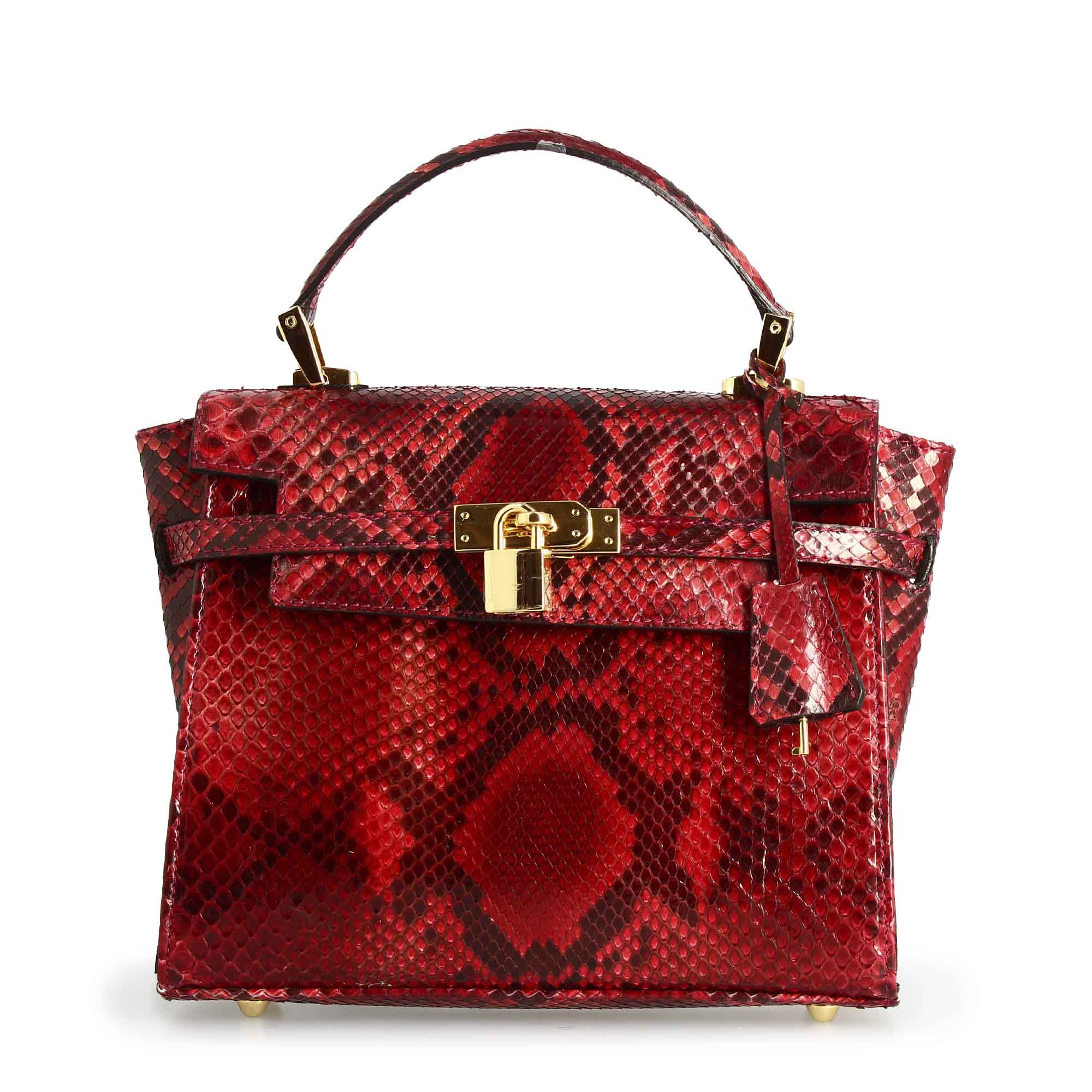 Borsa a mano con tracolla da donna artigianale in pelle di pitone rossa