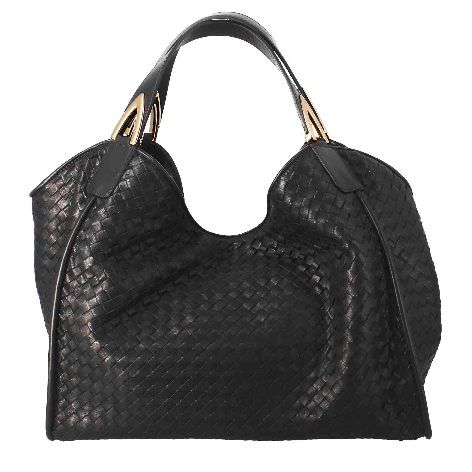 Damenhandtasche aus schwarzem gewebtem Leder, handgefertigt