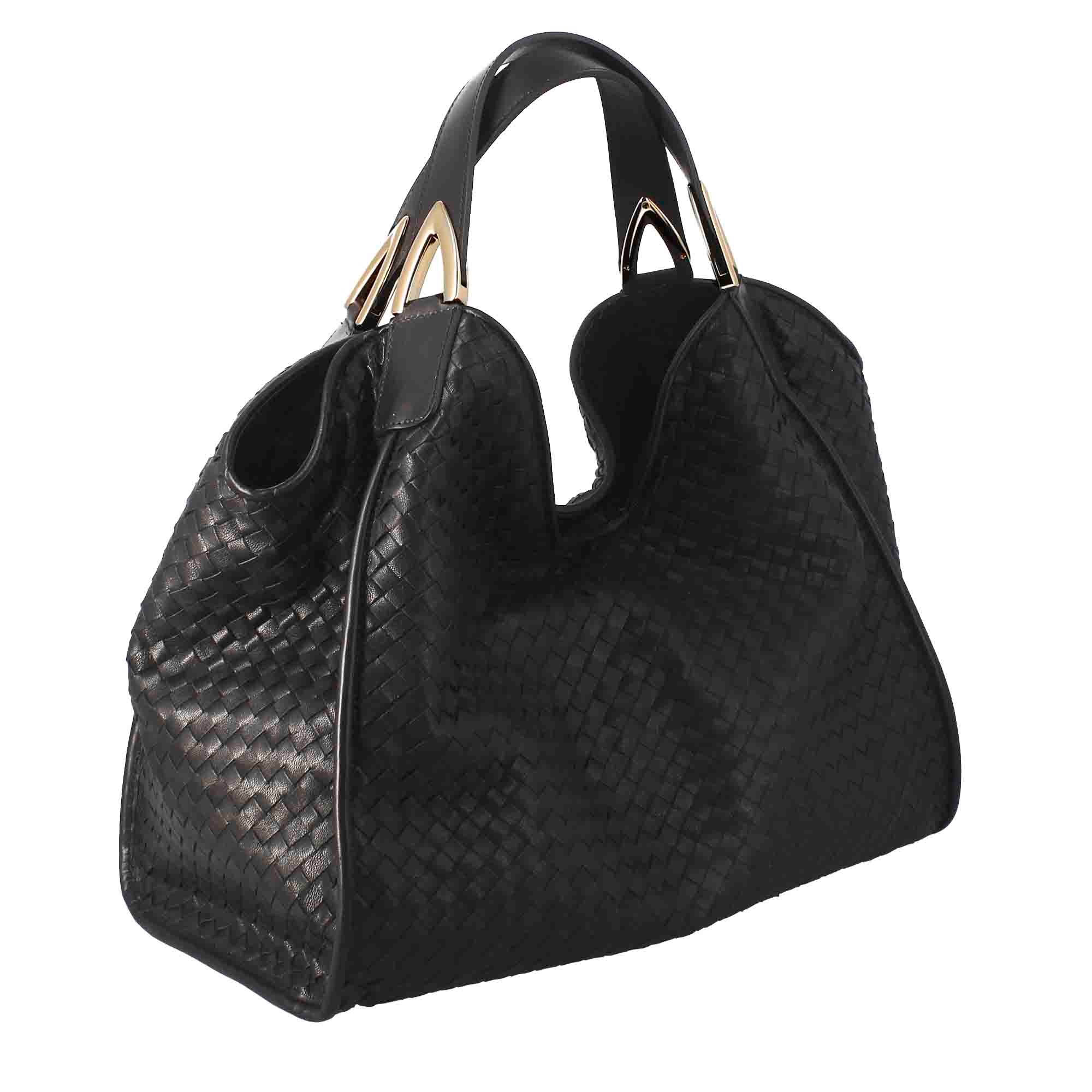 Damenhandtasche aus schwarzem gewebtem Leder, handgefertigt