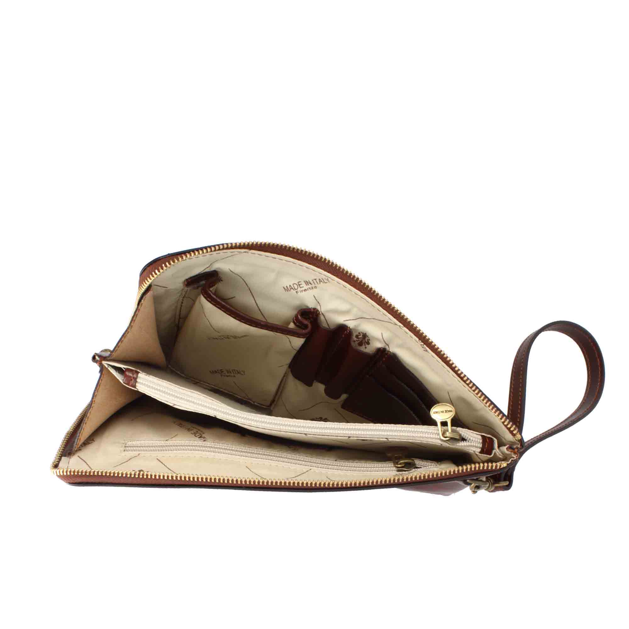 Piattina a mano grande in pelle pieno fiore con chiusura a zip e tre scomparti - LeonardoShoes