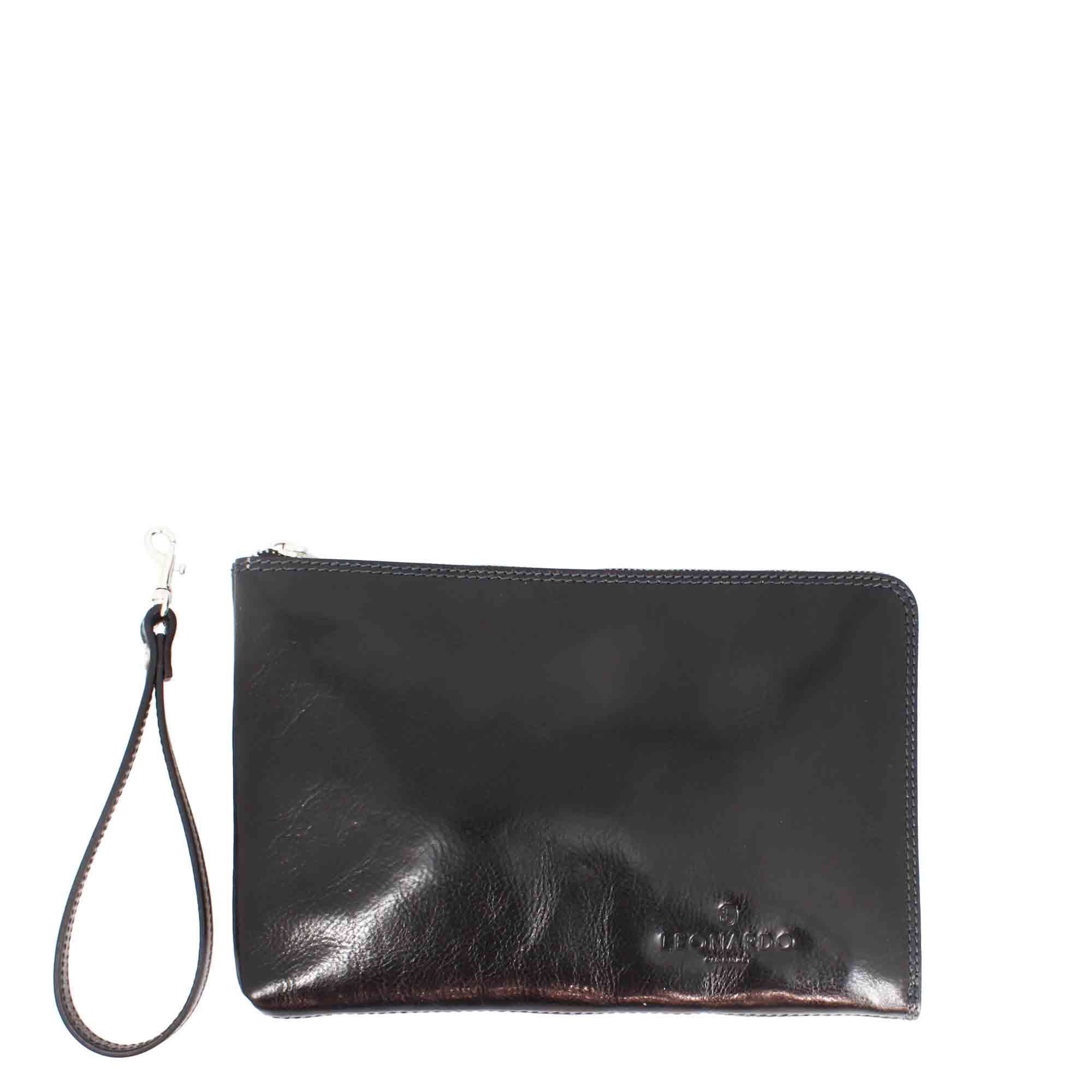 Piattina a mano grande in pelle pieno fiore con chiusura a zip e tre scomparti - LeonardoShoes