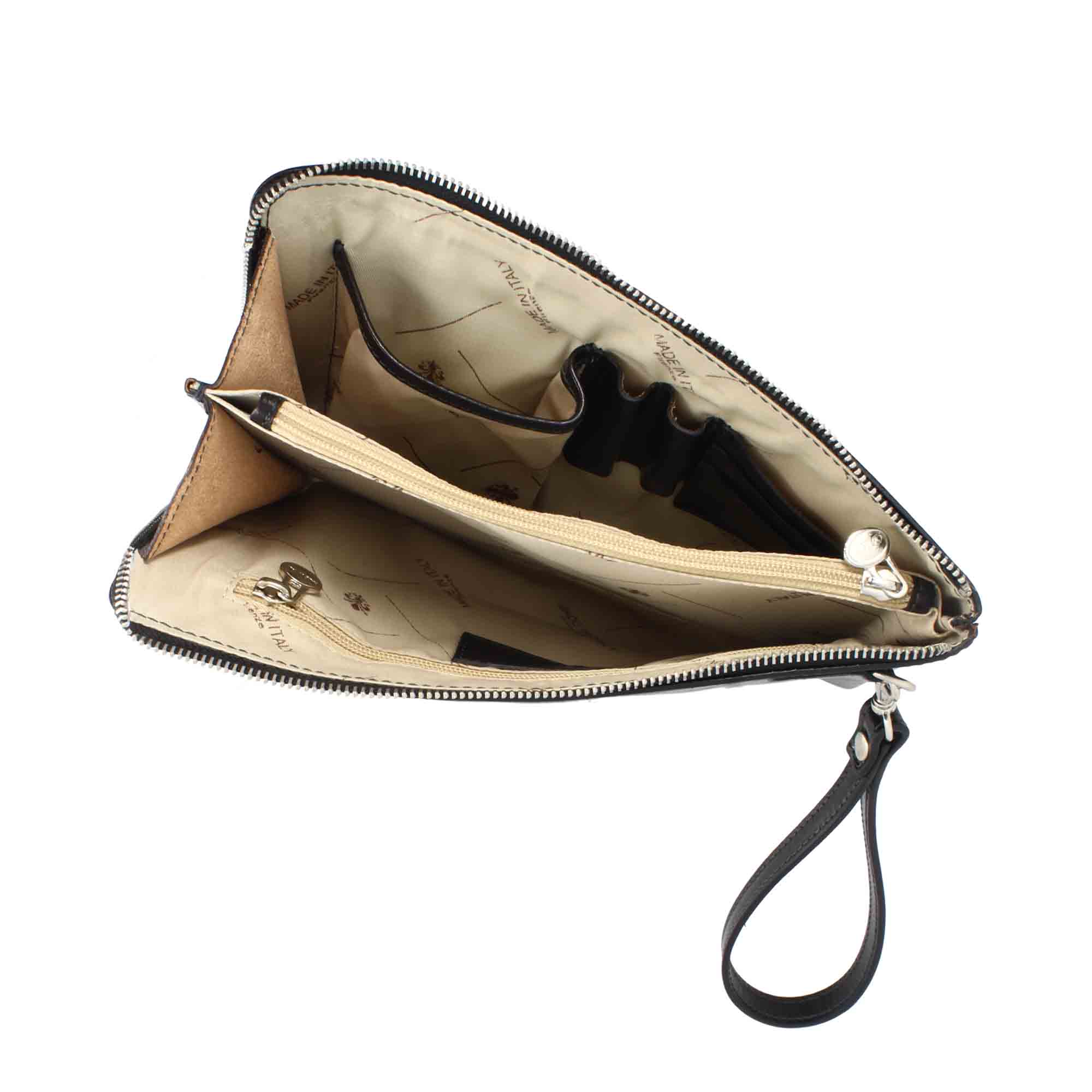 Piattina a mano grande in pelle pieno fiore con chiusura a zip e tre scomparti - LeonardoShoes