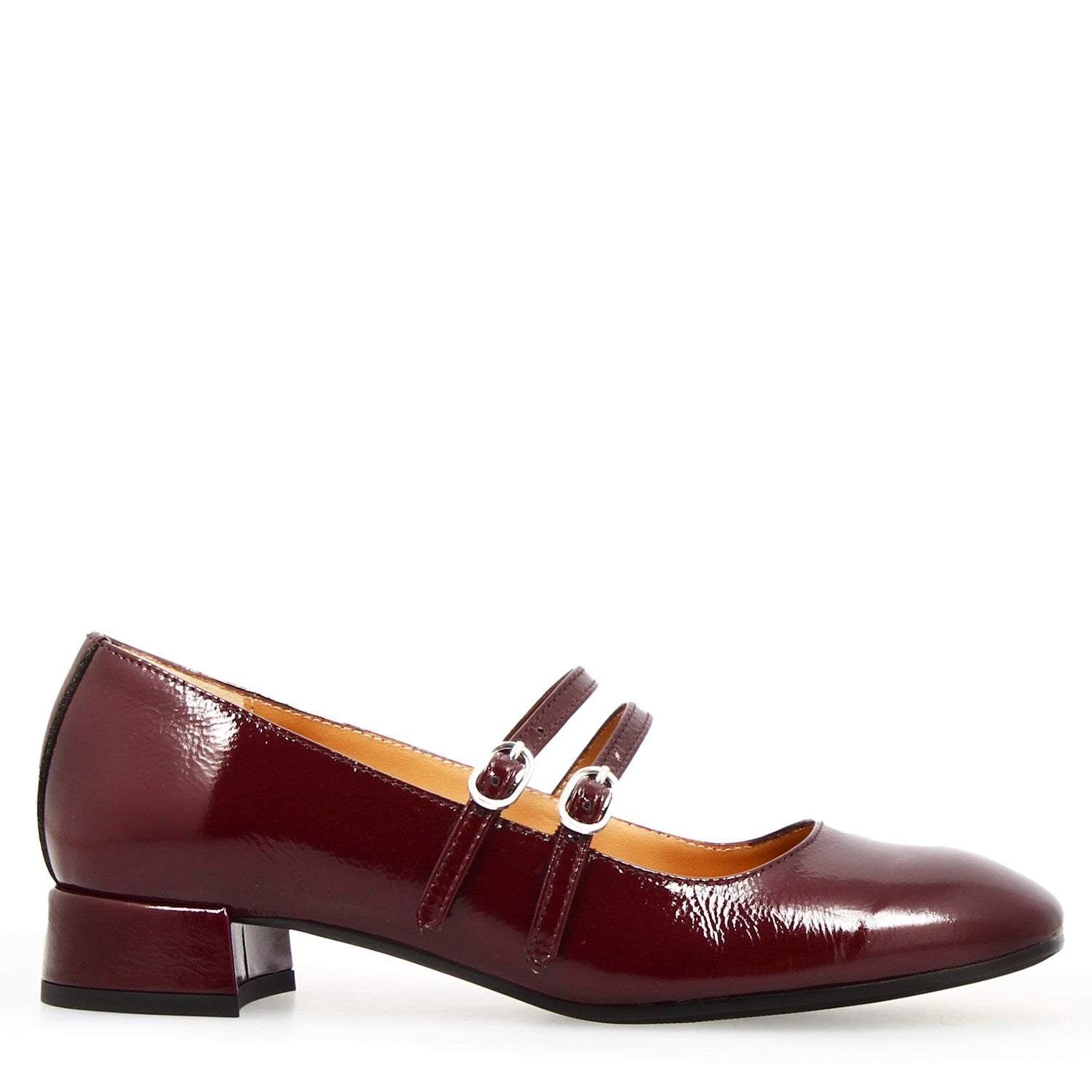 Mary Jane pumps in burgundy wrinkled shiny leather