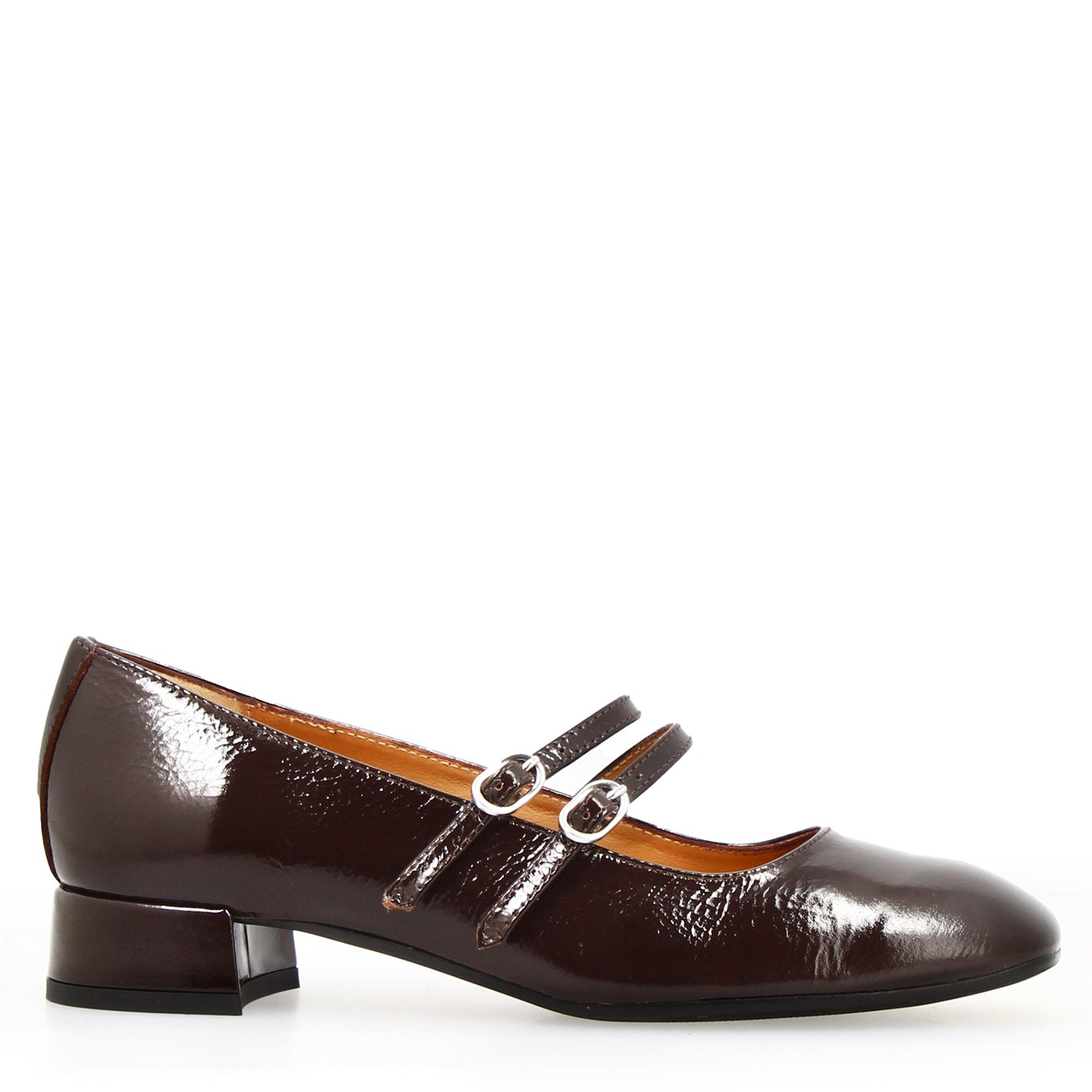 Mary Jane décolleté in brown crumpled shiny leather