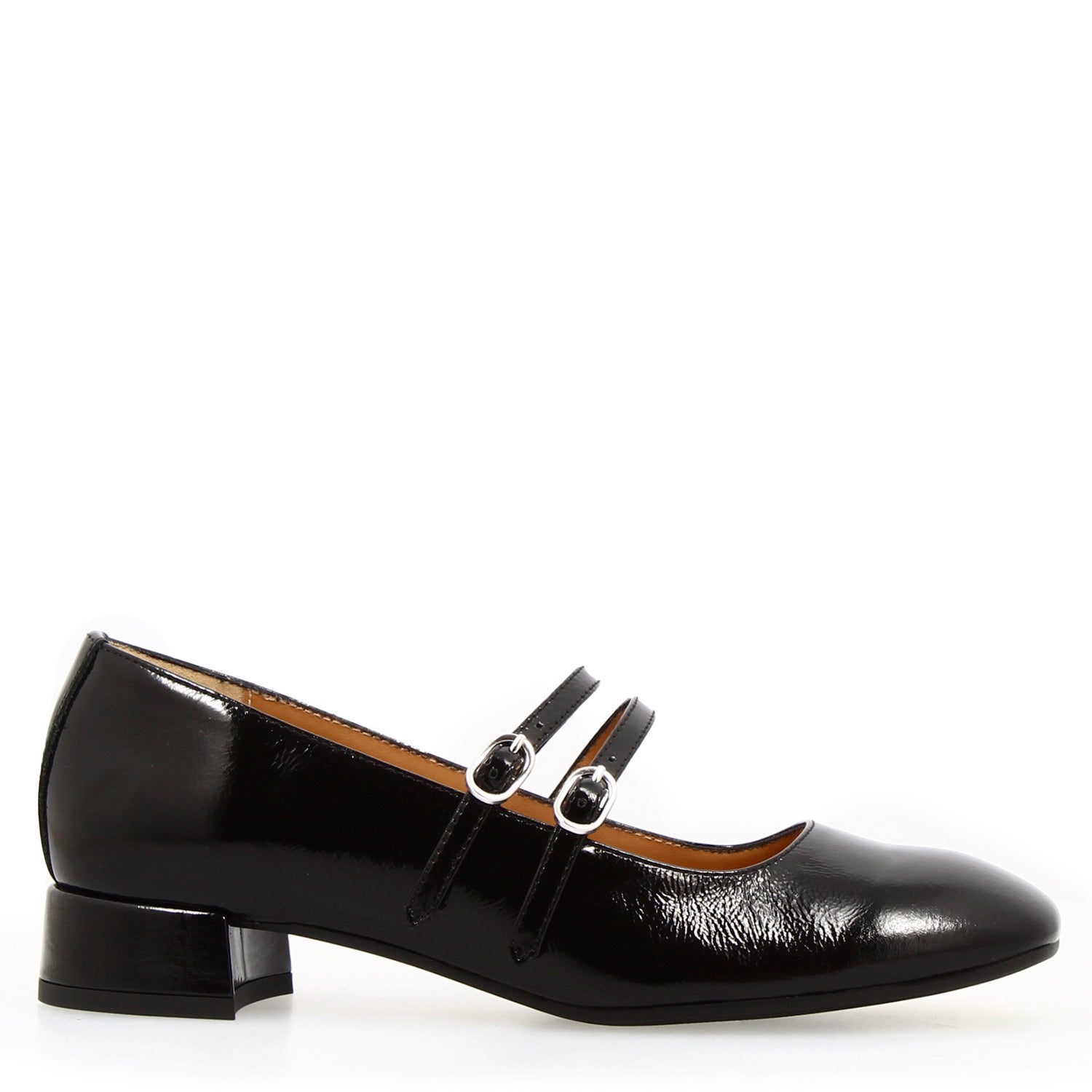 Mary Jane pumps in black wrinkled shiny leather