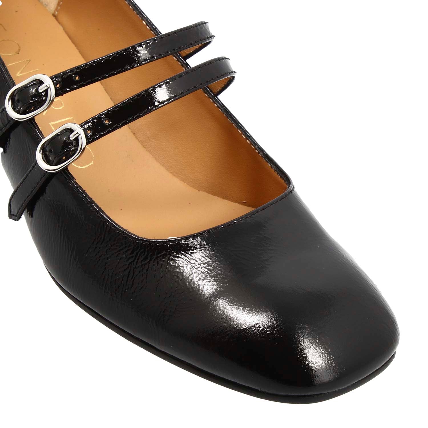 Mary Jane pumps in black wrinkled shiny leather