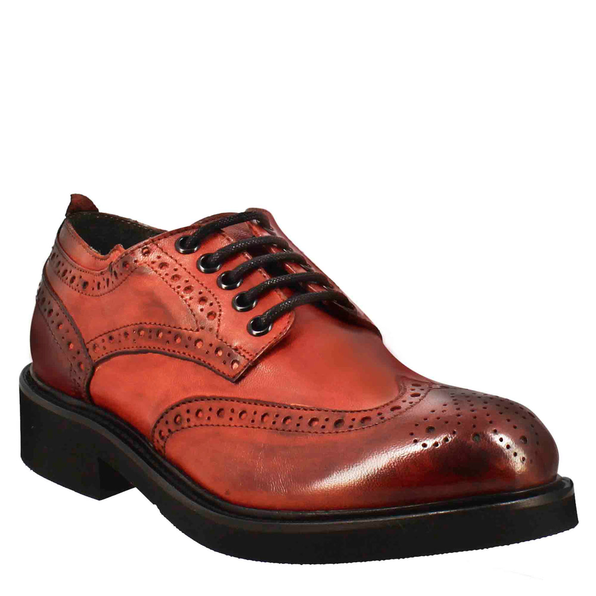 Women's derby with paupa brogue details in red washed leather