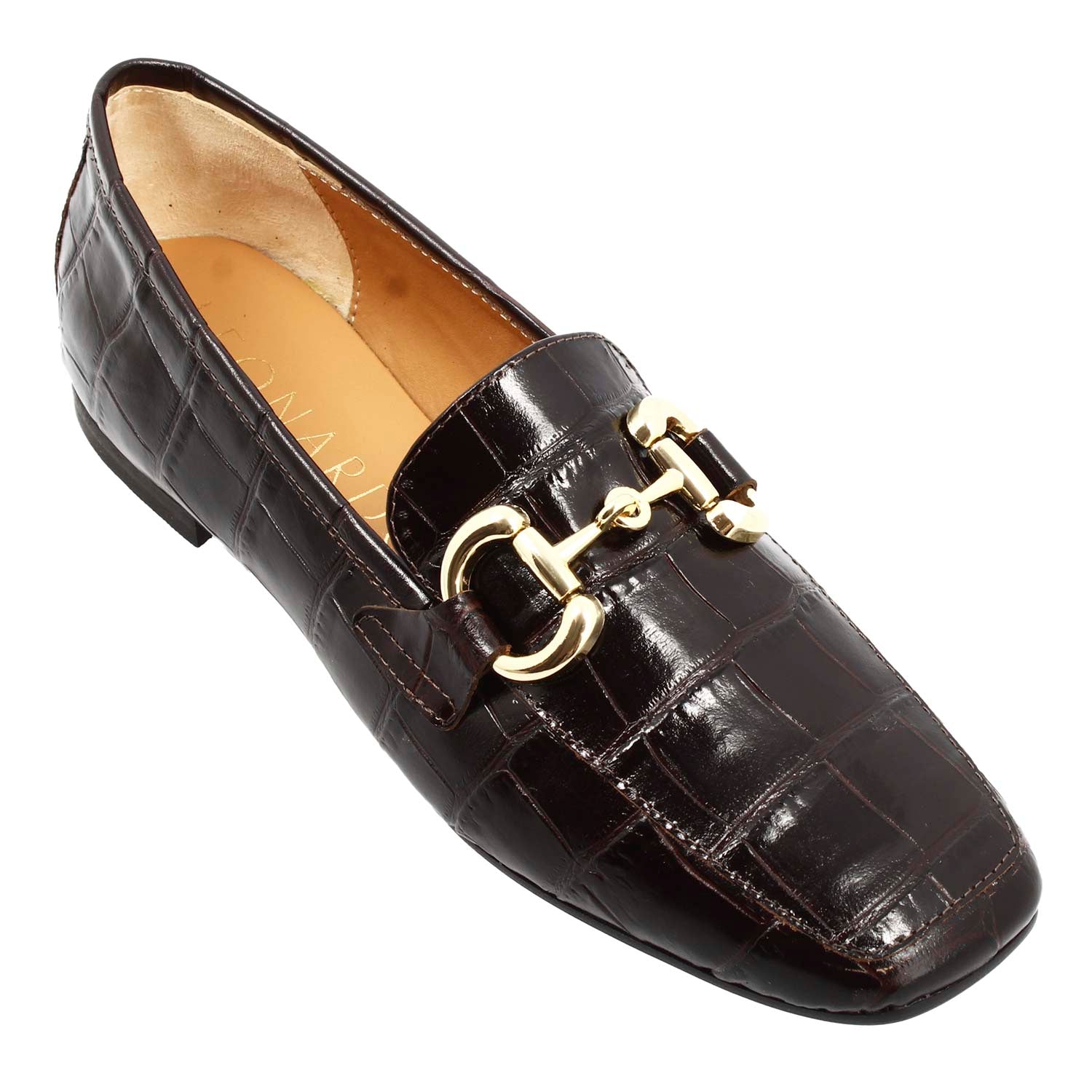 Women's handmade moccasin in brown croco print leather