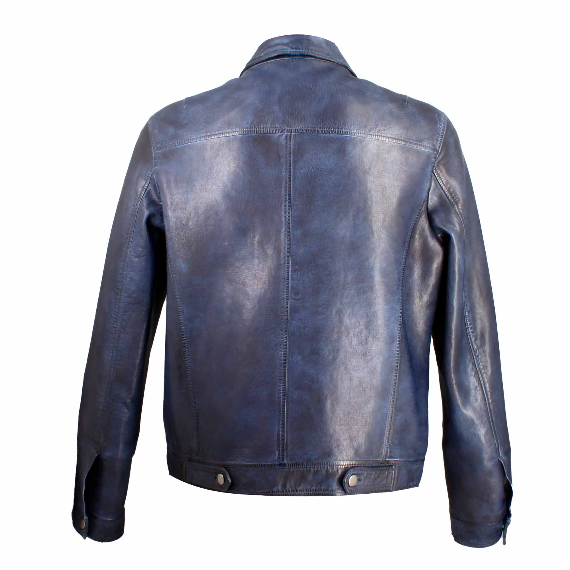 Blaue Sportjacke aus pflanzlich gegerbtem Leder mit Knöpfen