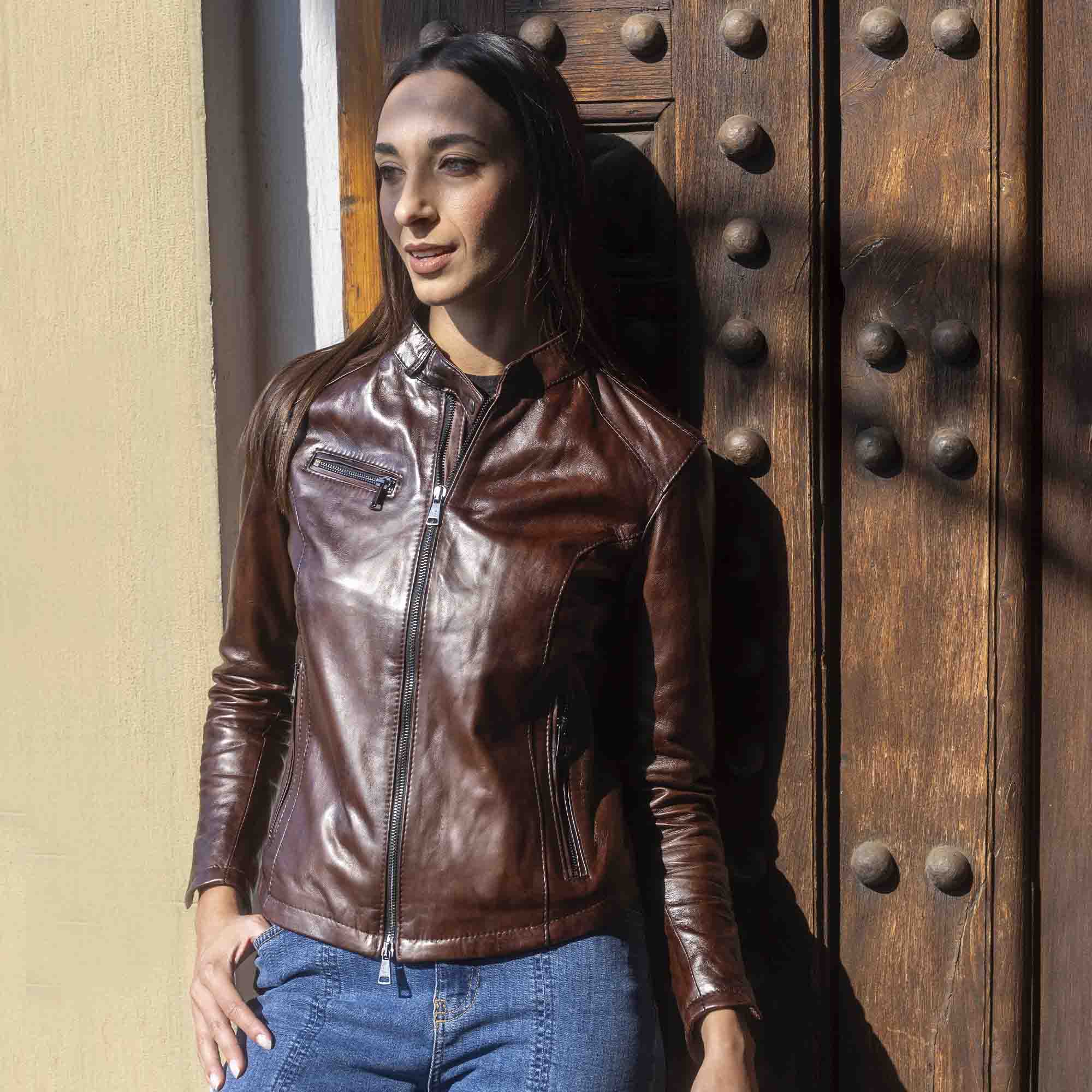 Women's high quality brown vegetable tanned leather jacket