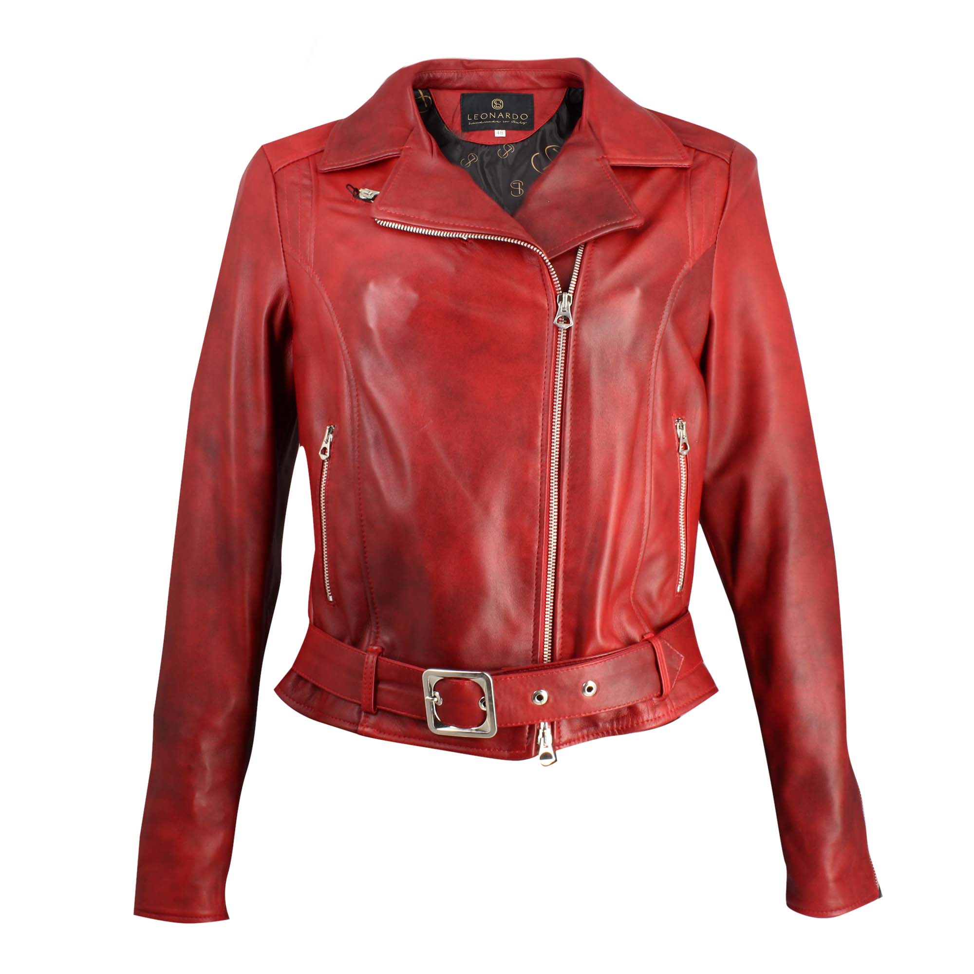 Women's Red Double Breasted Leather Jacket