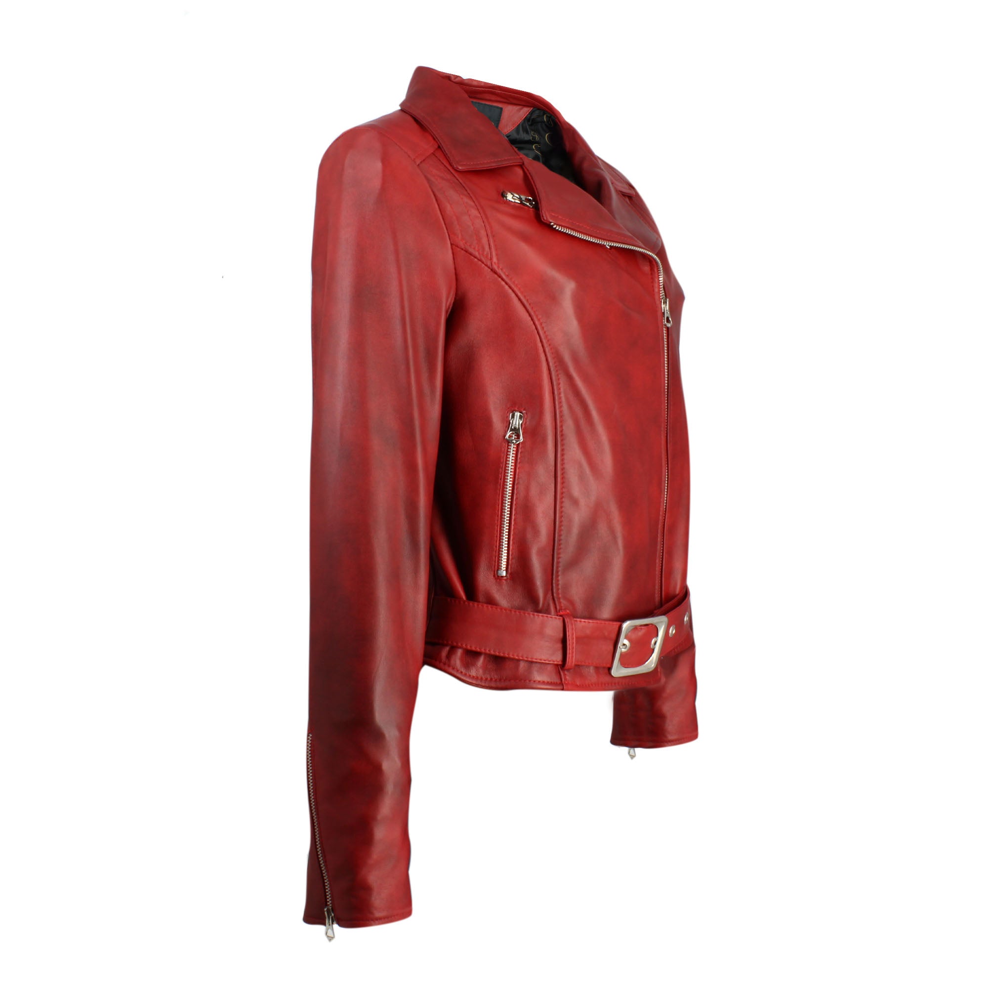 Women's Red Double Breasted Leather Jacket