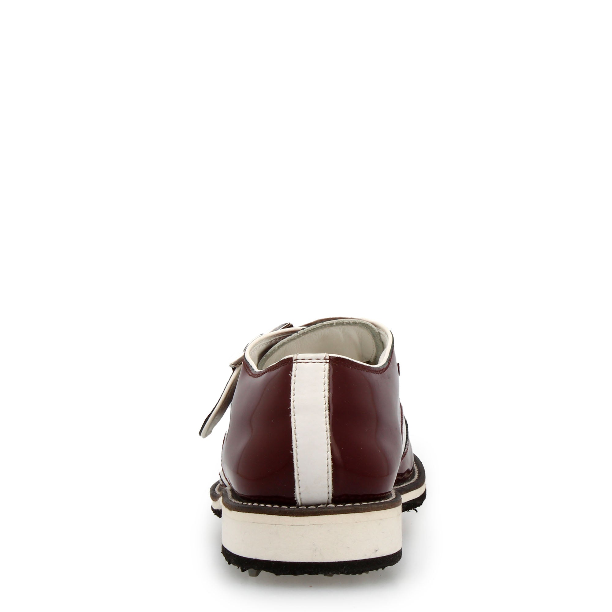 Chaussures de golf à boucle en cuir blanc et cuir verni bordeaux