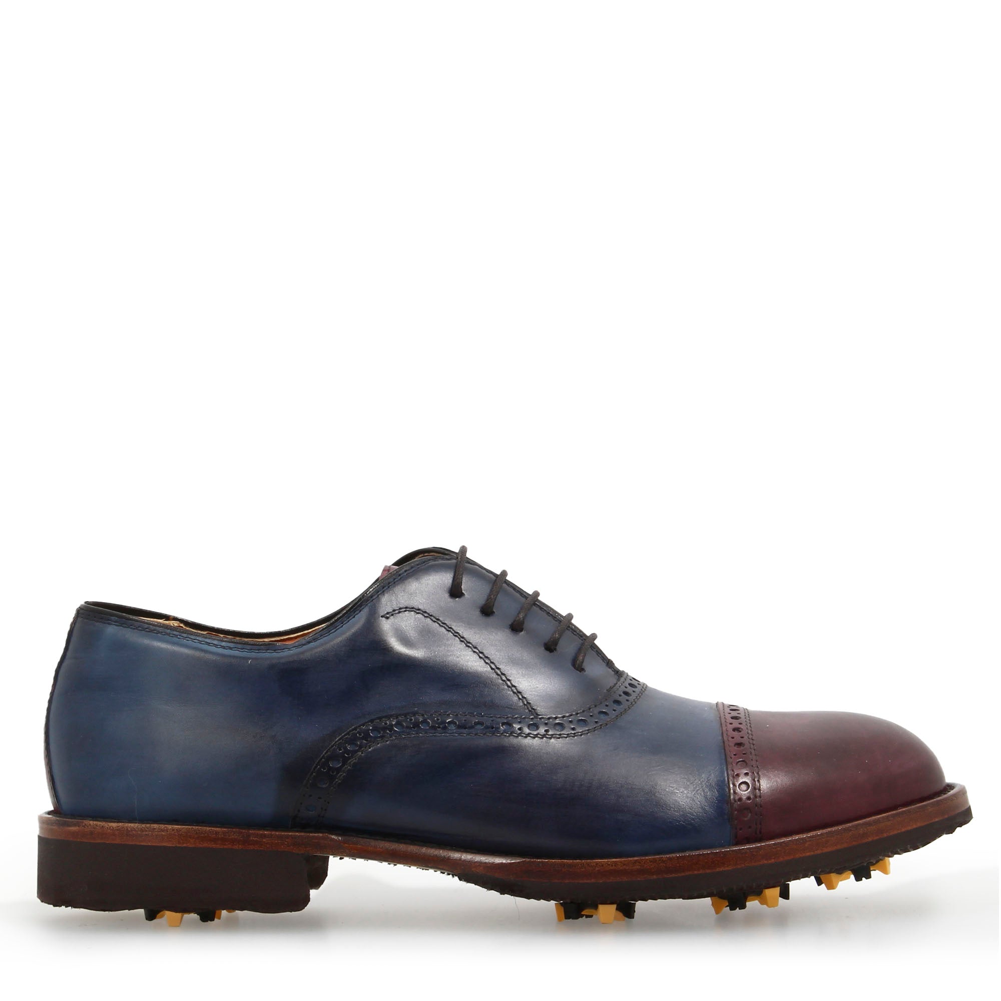 Handcrafted golf shoes in hand-dyed blue and burgundy leather