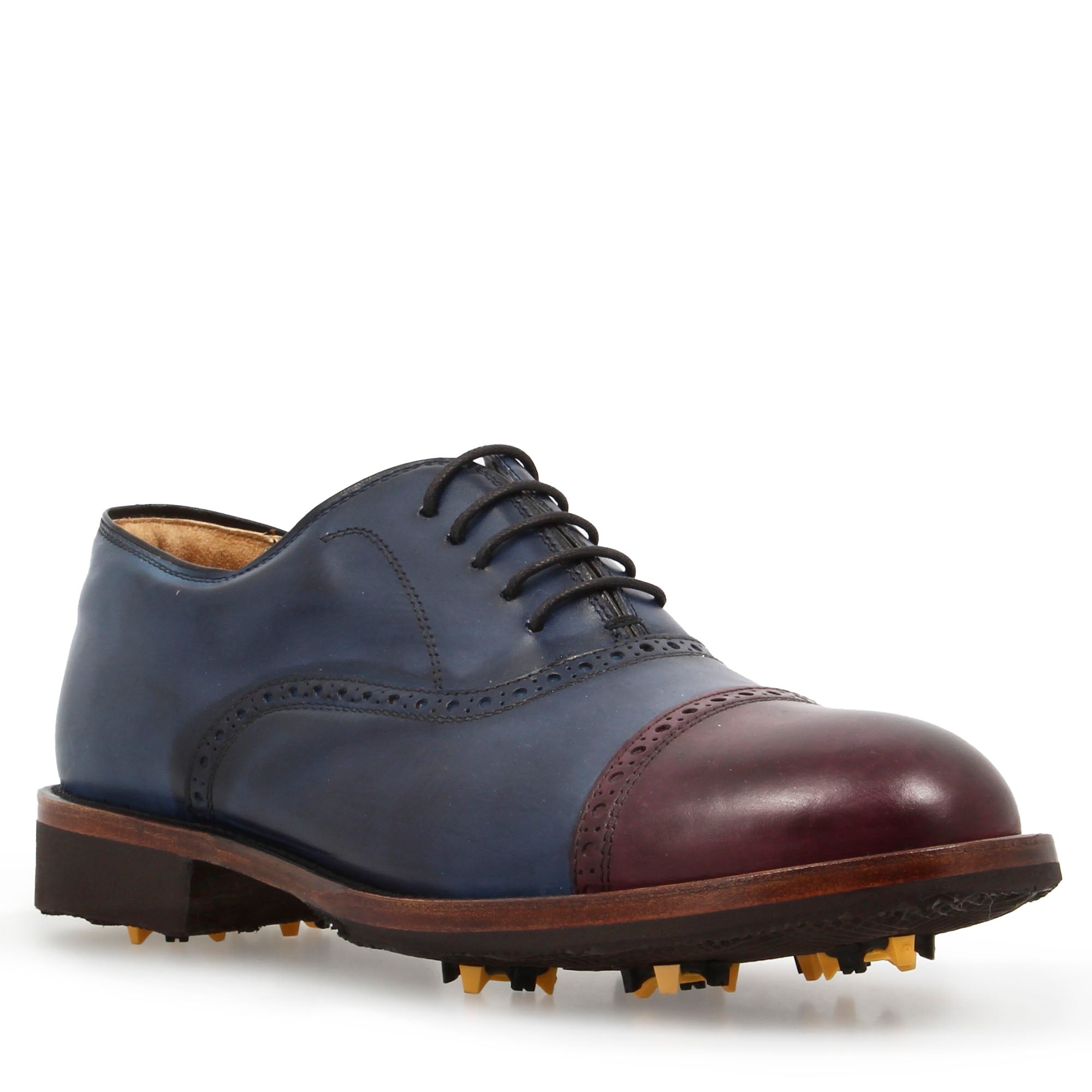 Handcrafted golf shoes in hand-dyed blue and burgundy leather