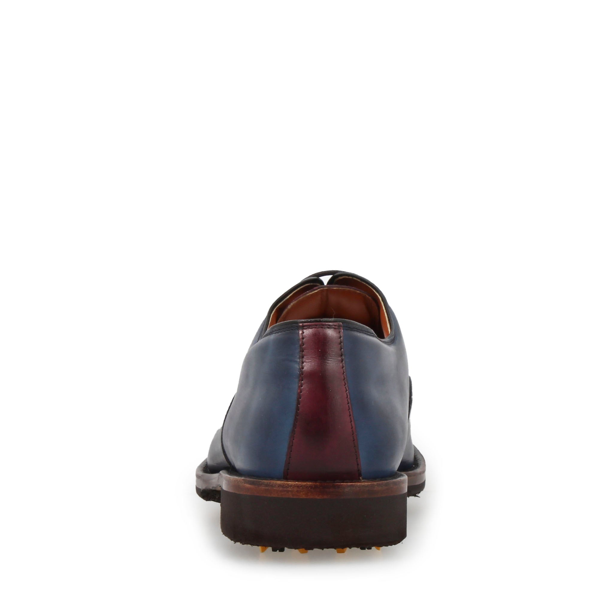 Handcrafted golf shoes in hand-dyed blue and burgundy leather