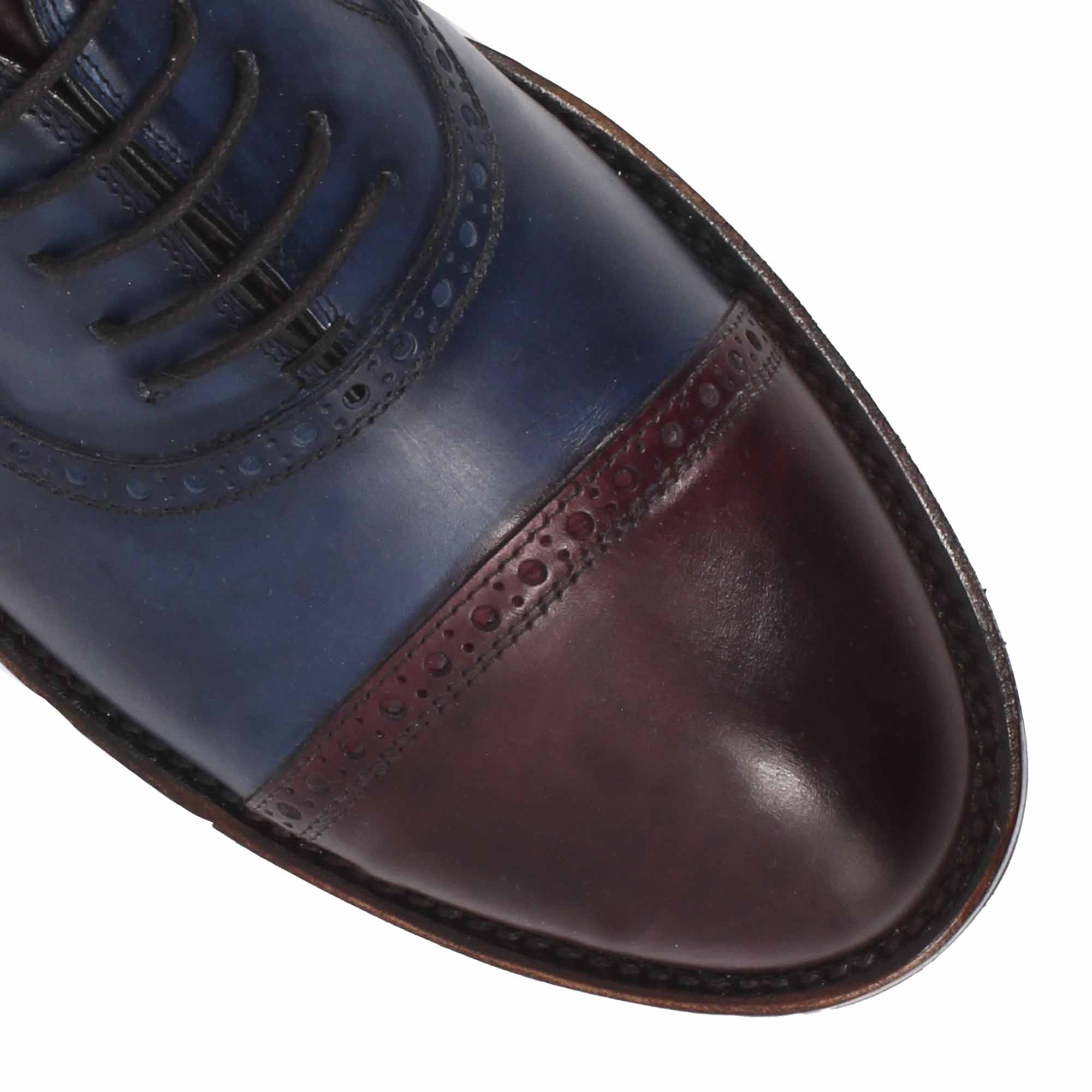 Handcrafted golf shoes in hand-dyed blue and burgundy leather