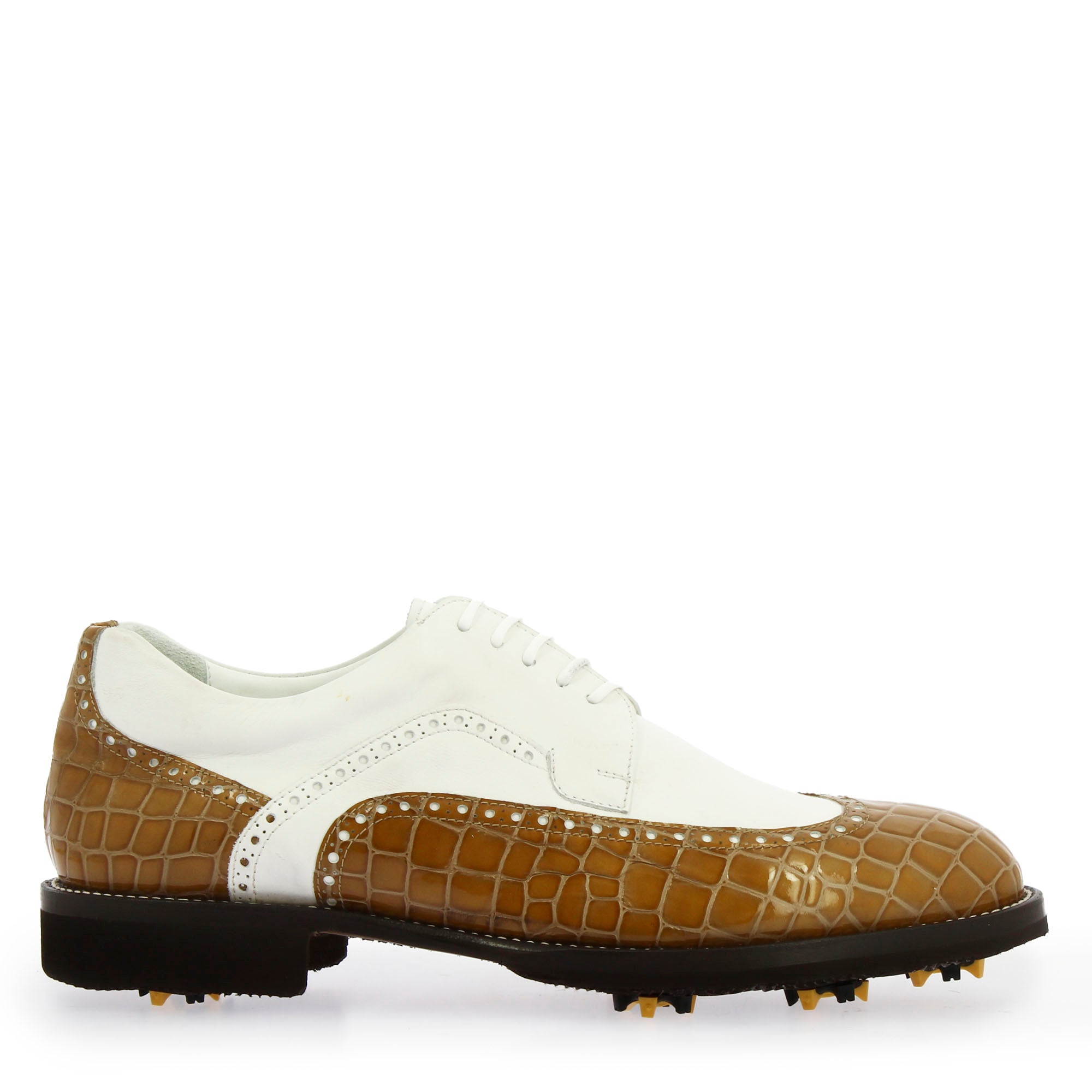 Handgefertigte Golfschuhe aus weißem Leder und brauner Kokosnuss