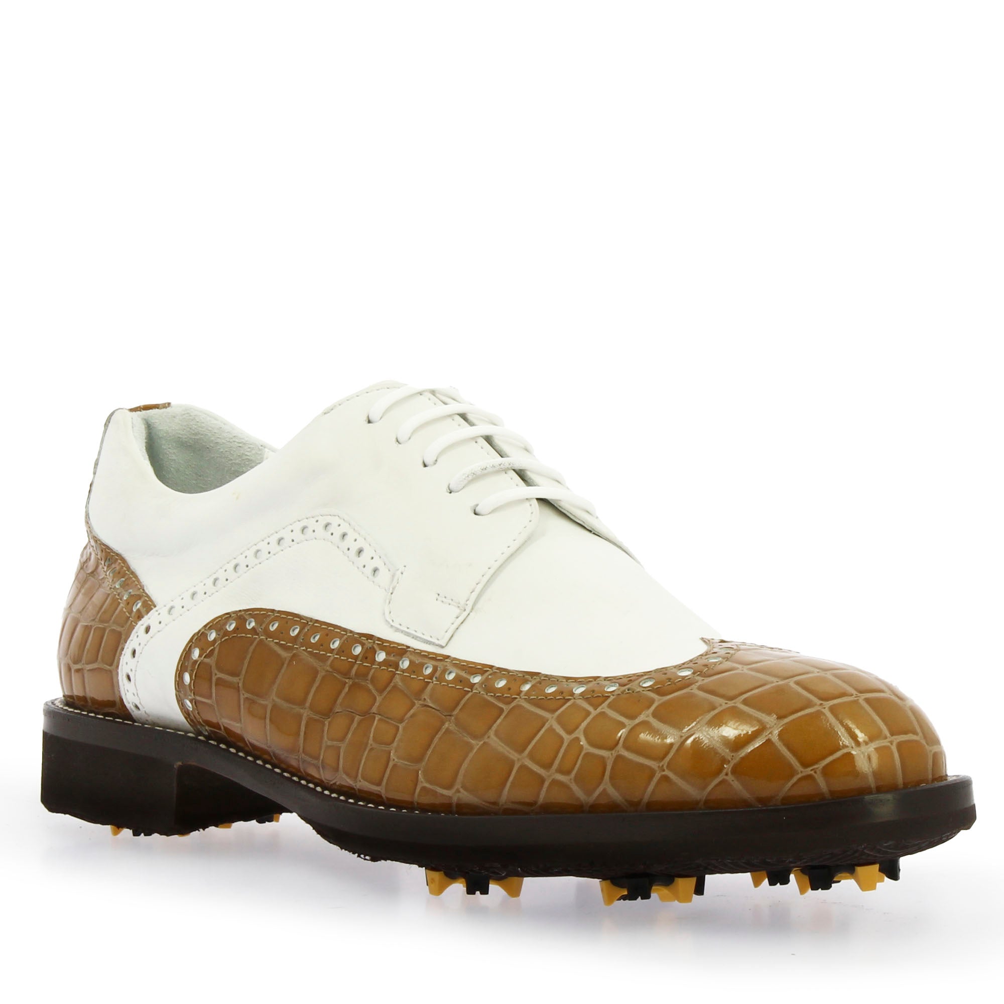 Handgefertigte Golfschuhe aus weißem Leder und brauner Kokosnuss