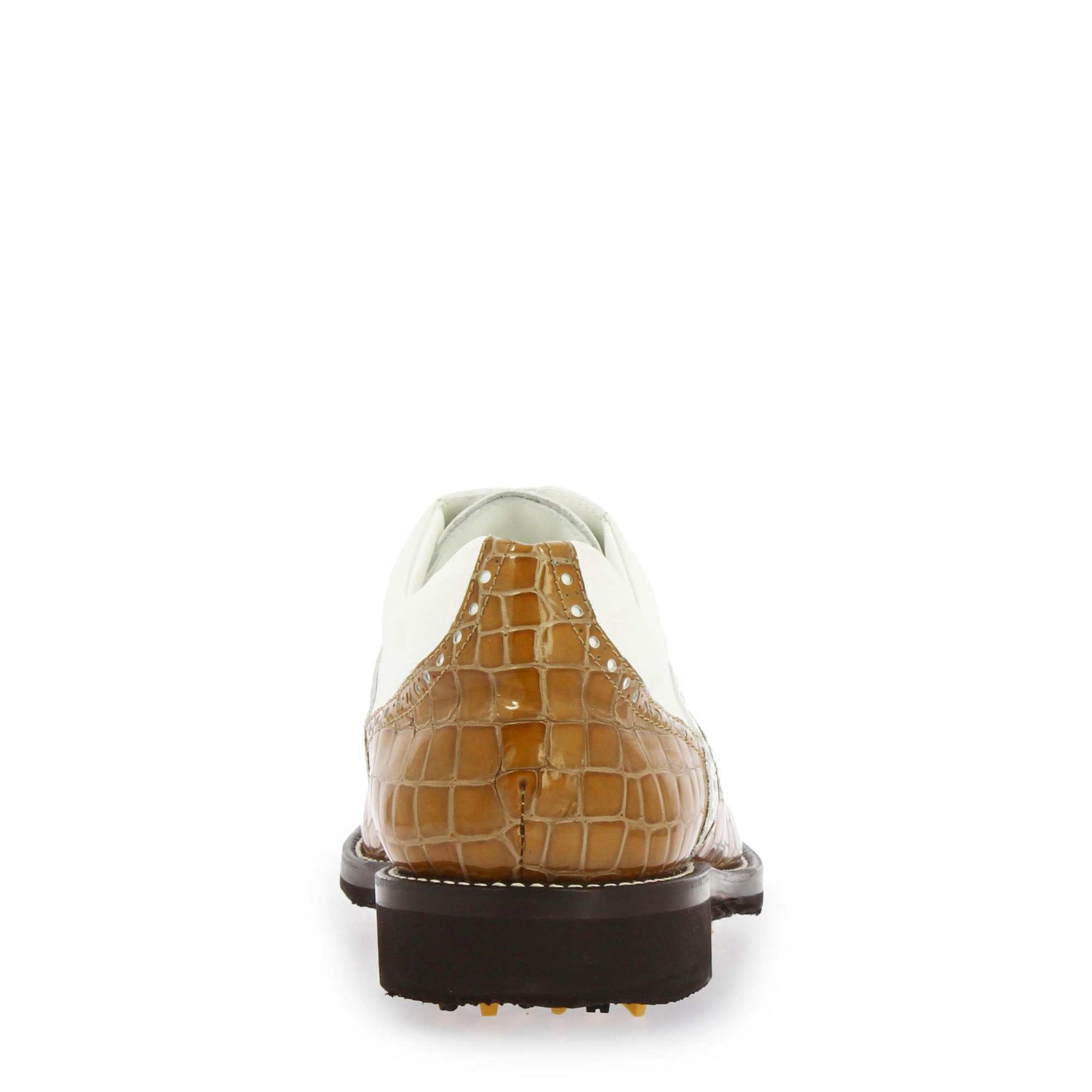 Handgefertigte Golfschuhe aus weißem Leder und brauner Kokosnuss