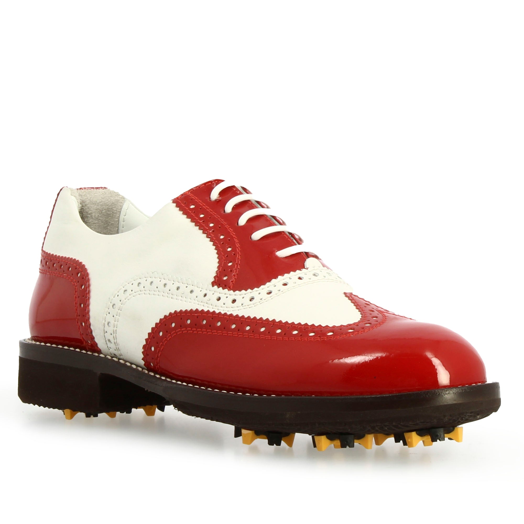 Handcrafted golf shoes in white leather with red details