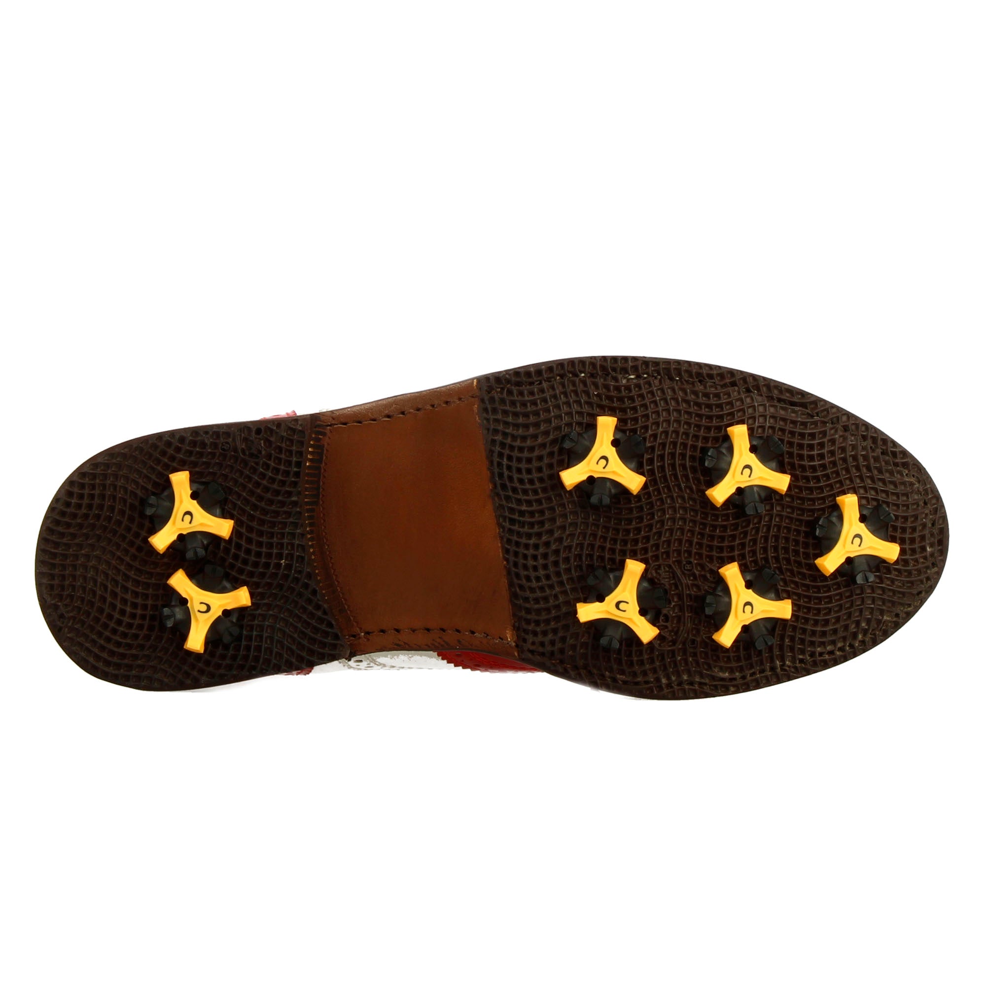 Handgefertigte Golfschuhe aus weißem Leder mit roten Verzierungen